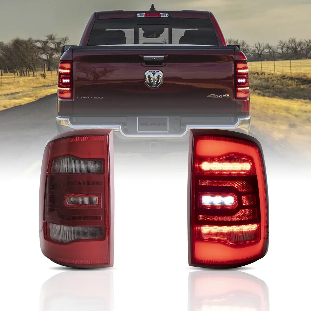 Red LED Tail Lights Assembly with Sequential Turn Signal for 2009-2018 Dodge Ram 4th Gen (DS/DJ/D2) - Upgrade Your Truck's Style & Safety for Night Driving & Towing
