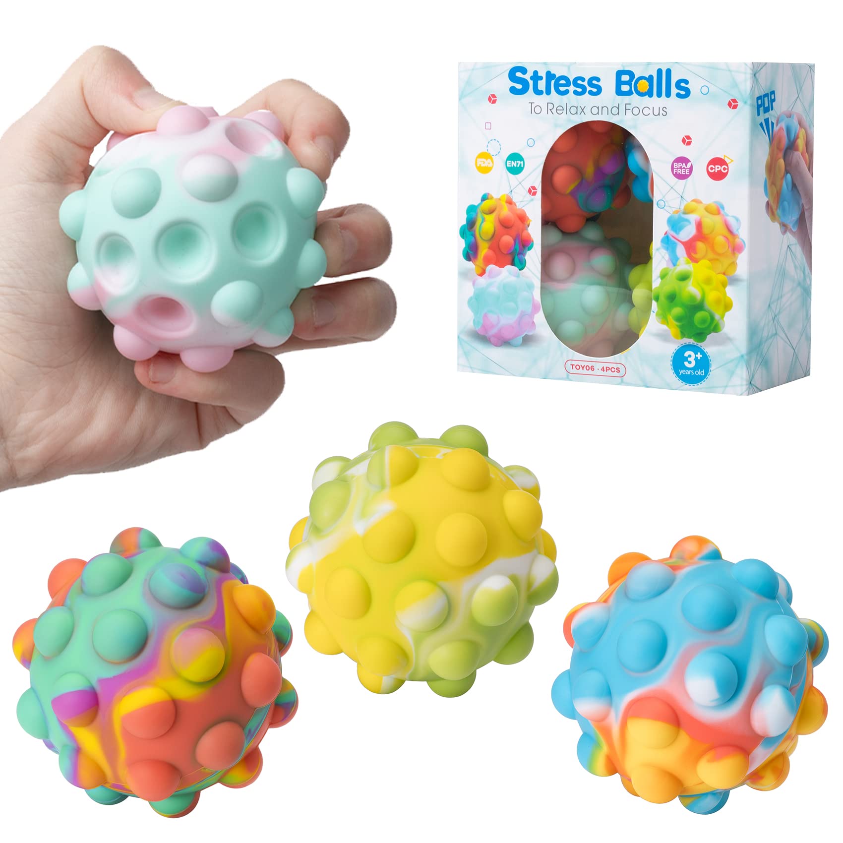 LEILIGE 4 Pack Pop Ball Fidget Toys - Stress Relief Sensory Balls for Kids & Adults with ADHD, Autism - Squishy Push Bubble Sensory Toys for Anxiety Relief - Perfect for Classroom, Office & Travel Use