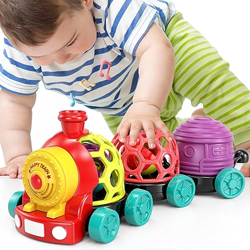 MOONTOY Baby Push and Go Toy Cars with Rattle & Music - Soft Developmental Toys for Infants 6-12 Months | Toddler Learning Toys for 1-2 Year Old Boys & Girls | Perfect Gift for 7-18 Month Olds | Encourages Crawling, Sensory Play & Early Motor Skills Development