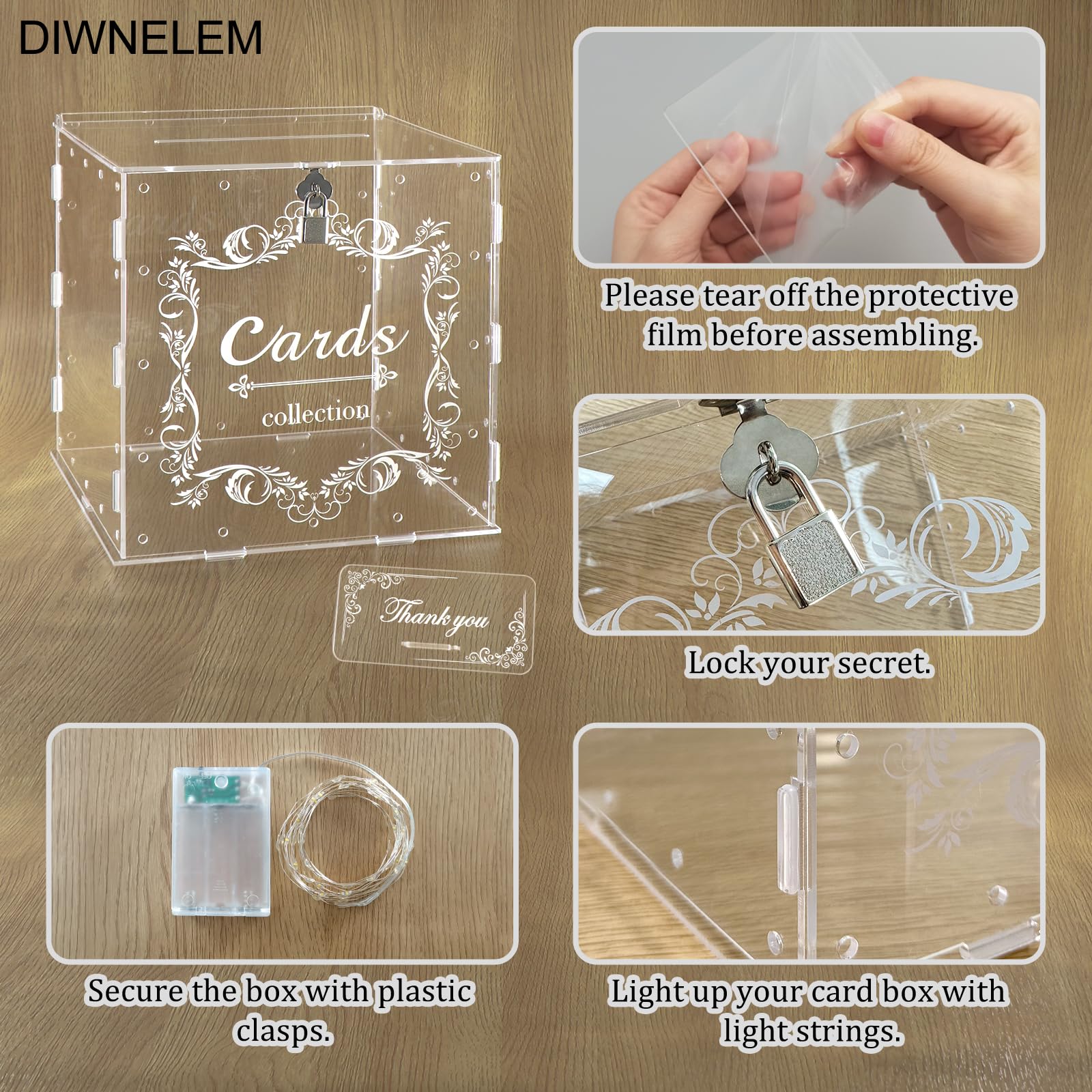 DIWNELEM Clear Acrylic Wedding Card Box with Lock - Large Letter Envelope Gift Money Holder for Wedding Reception, Baby Shower, Birthday Party & Graduation Decorations - Perfect for Secure Gift Storage at Special Events
