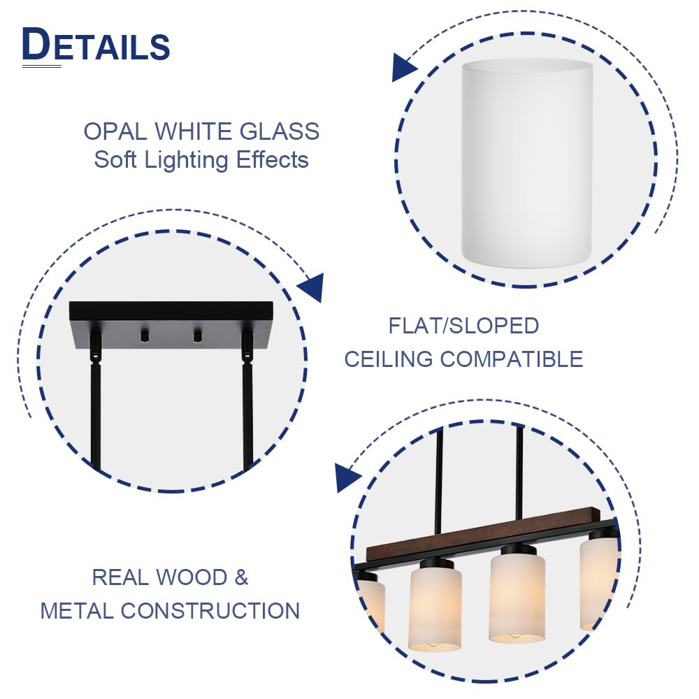 6-Lights Farmhouse Chandelier - Modern Black Wood Frame with Opal White Glass Shades, E26 Bulb Base - Perfect for Dining Room, Kitchen Island & Living Room Lighting | Rustic Home Decor, Country Style Interior Design