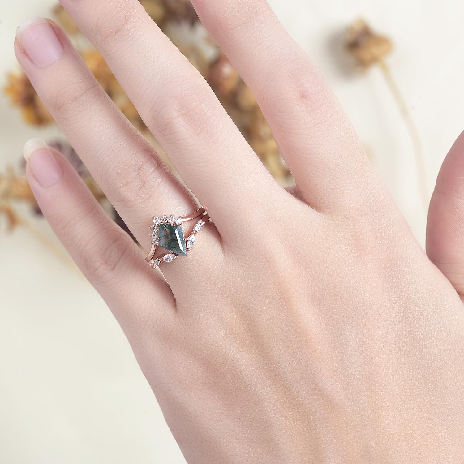 Natural Moss Agate Gemstone 925 Sterling Silver Ring for Women | Kite Cut Engagement Ring Set | Wedding, Anniversary & Everyday Jewelry Gift
