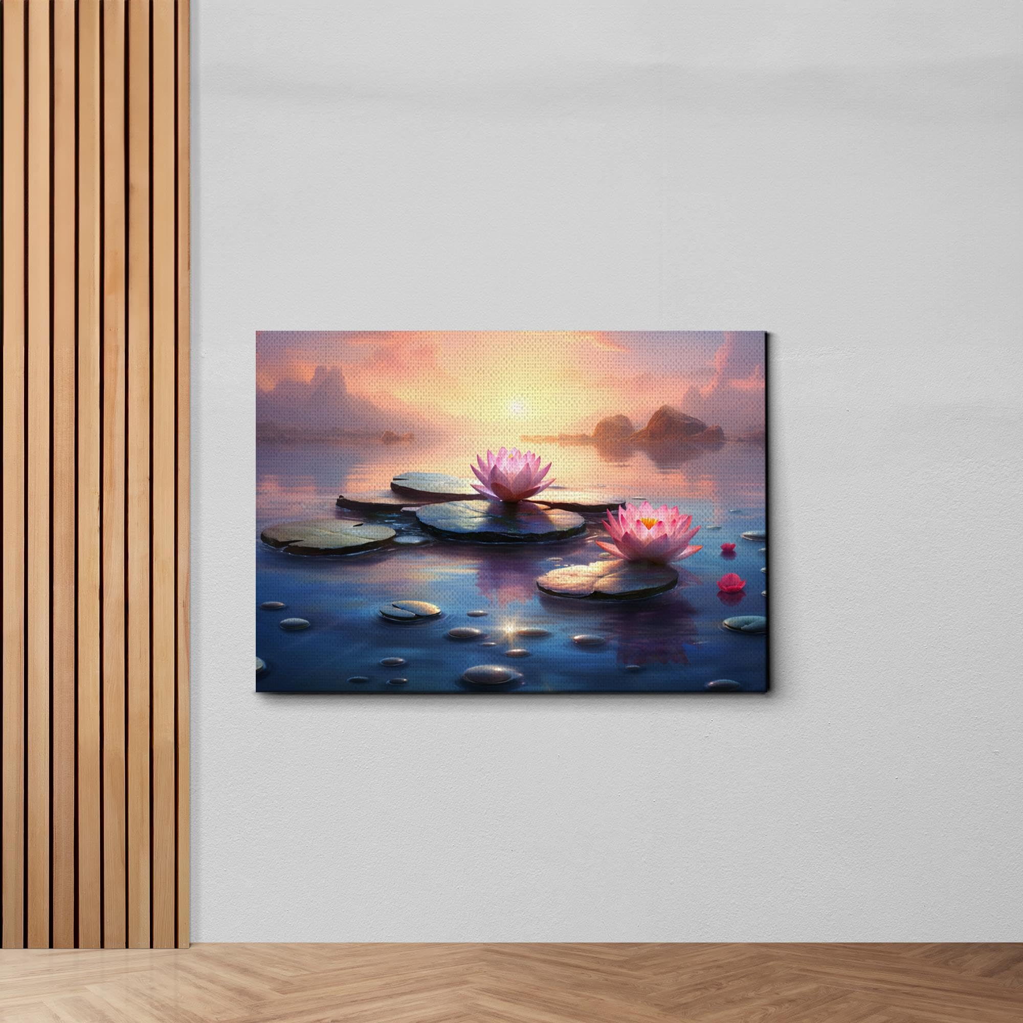 Zen Wall Art Decor - Framed Canvas Zen Garden with Stone Flower & Peaceful Water Sunset Meditation Print - Yoga Room Decor, Home Office Scenery Wall Hanging for Relaxation & Mindfulness Spaces