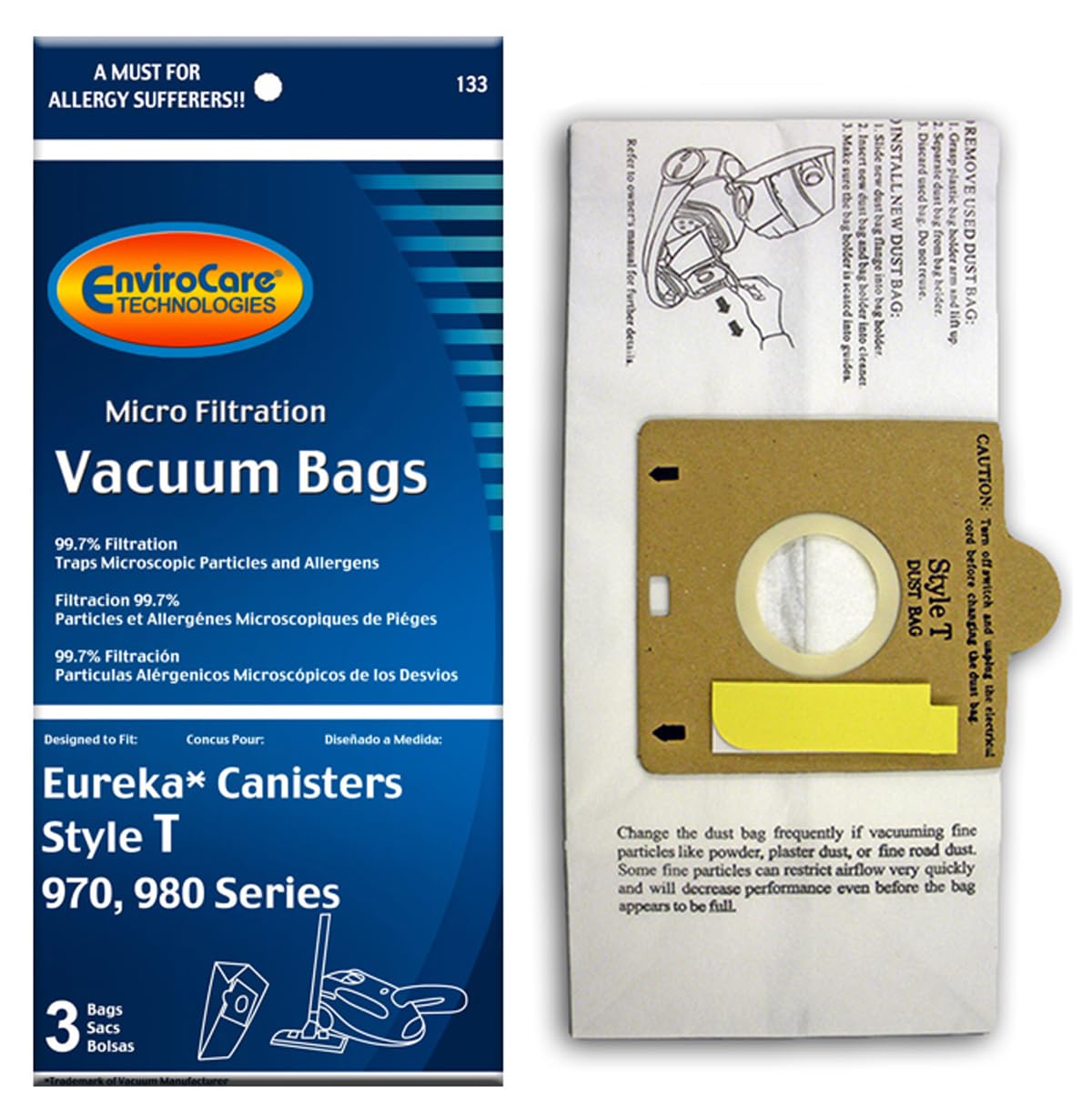 EnviroCare Replacement Vacuum Cleaner Bags - Compatible with Eureka T Canister Series 970 & 972 Vacuums - 3-Pack | Perfect for Home Cleaning & Pet Hair Removal