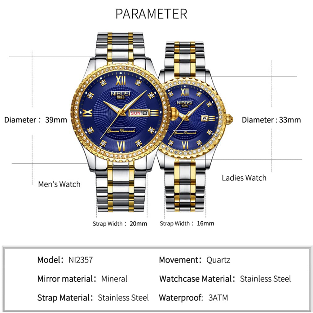 NIBOSI Luxury Diamond Couples Watches - His and Hers Matching Set, Waterproof Quartz Analog Day Date Wristwatch for Husband Wife, Valentine's Wedding Anniversary Gifts, Perfect for Romantic Dates & Special Occasions