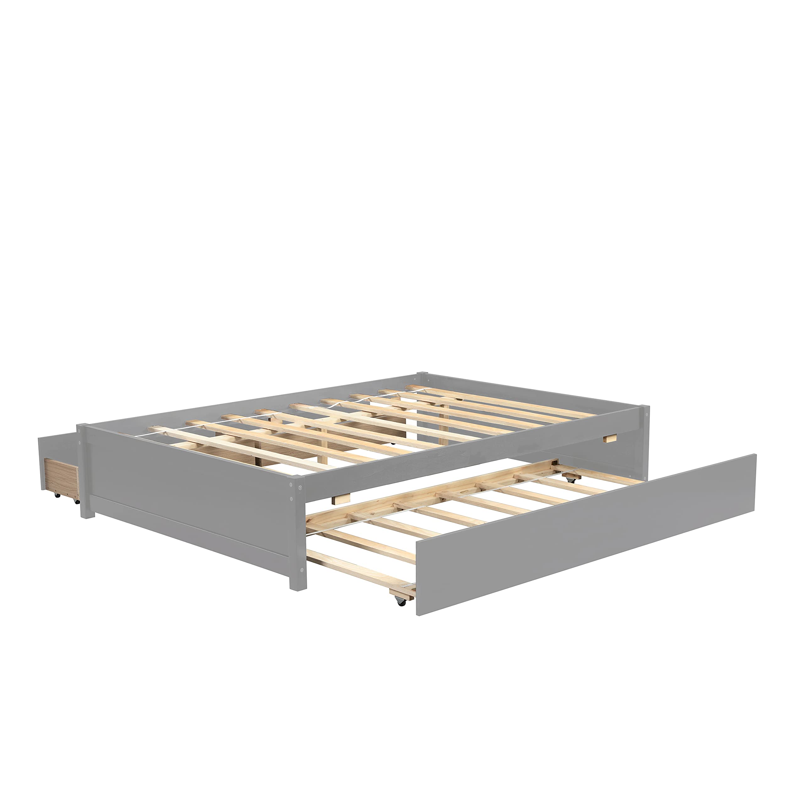 Solid Wood Full Size Platform Bed Frame with Trundle & Storage Drawers - Grey Captain Bed for Kids, Teens & Adults - Perfect for Small Spaces, Guest Rooms & Dormitories