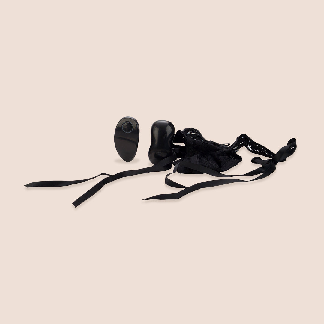 Remote Controlled Vibrating Lingerie - Little Black Thong with Adjustable Ties | Perfect for Couples Play, Long Distance Relationships & Spicy Date Nights