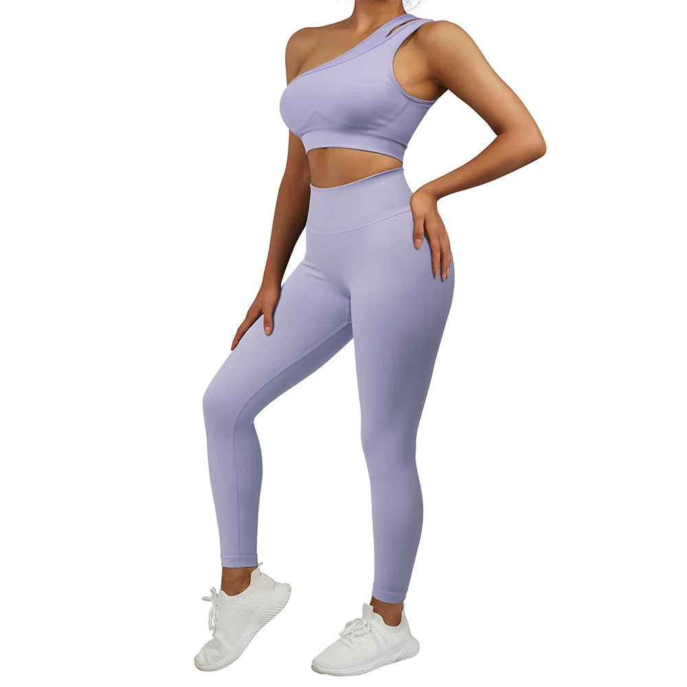 2 Pcs Women's Seamless Yoga Set - One Shoulder Workout Outfits for Gym, Fitness & Sports | Breathable & Comfortable Activewear for Yoga, Running & Training