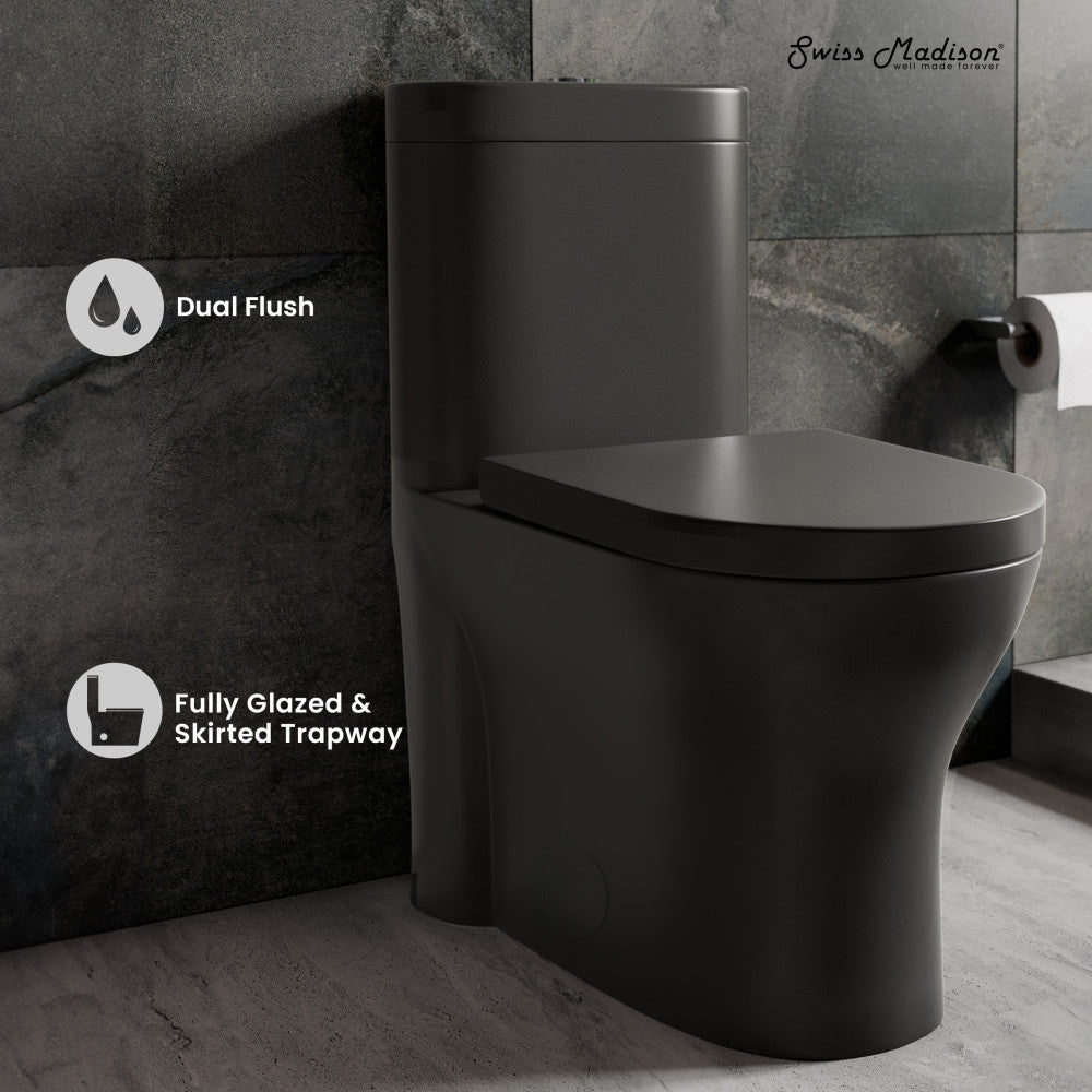 Monaco One Piece Elongated Toilet with Dual Flush Technology - 1.1/1.6 GPF Water Saving - Matte Black Modern Bathroom Fixture - Perfect for Small Bathrooms & Water-Efficient Homes