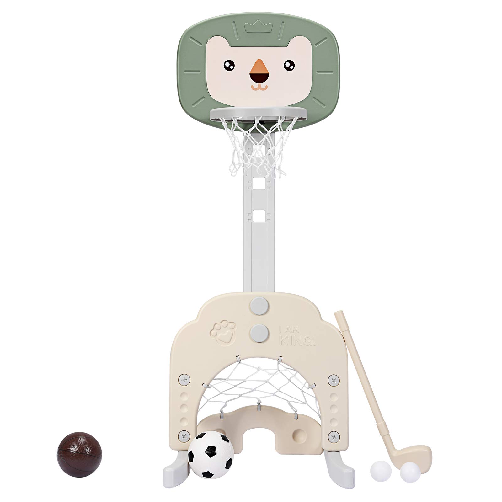 AKUSTIK 3-in-1 Adjustable Kids Basketball Hoop Stand with Soccer & Golf Games - Indoor/Outdoor Sports Center for Toddlers & Children - Perfect for Backyard Play, Birthday Gifts & Family Fun (Green)