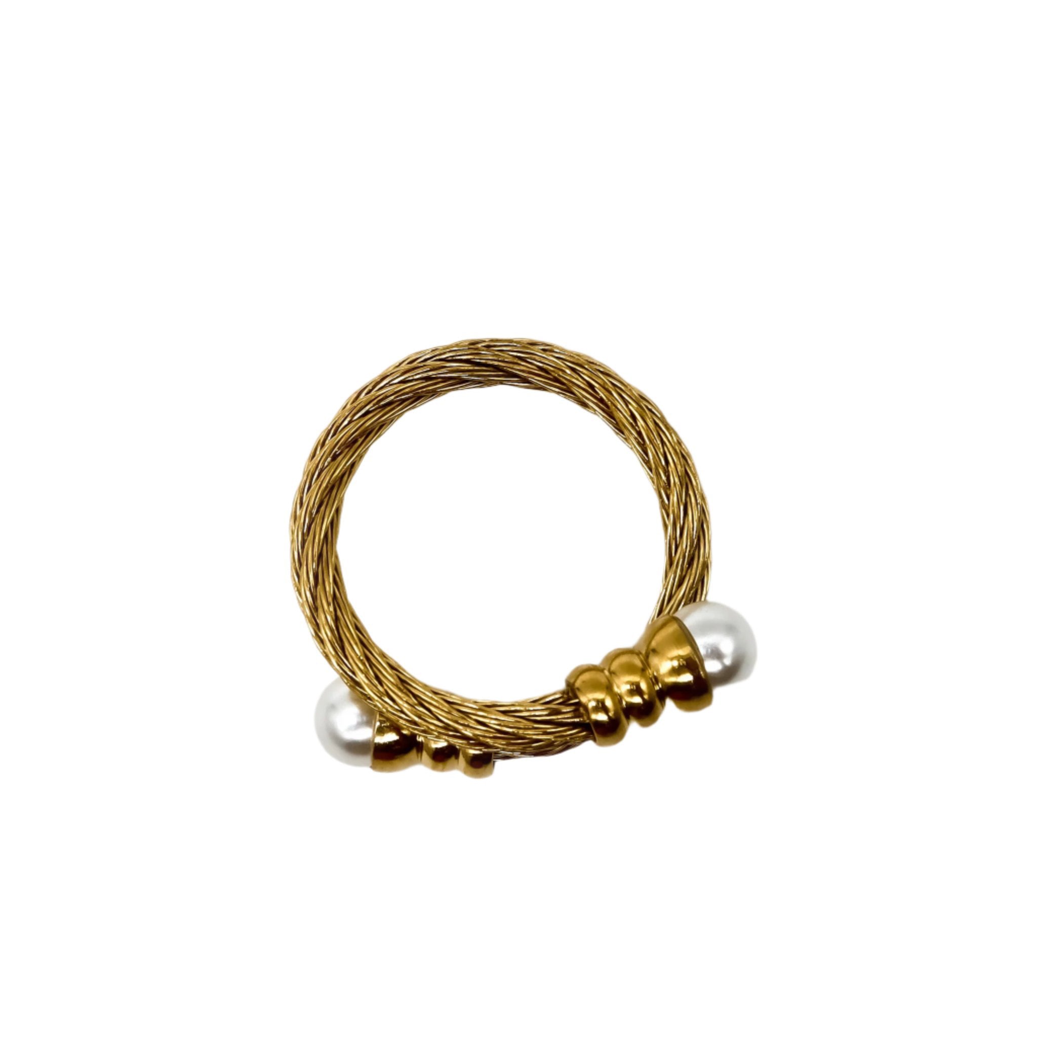18K Gold Plated Twisted Cable Double Band Ring with Pearl Accents - Elegant Jewelry for Women, Perfect for Weddings, Parties & Special Occasions