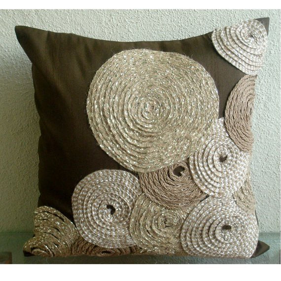 Adorned By Jute Brown Art Silk Throw Pillow Cover - Elegant Home Decor for Living Room, Bedroom & Sofa