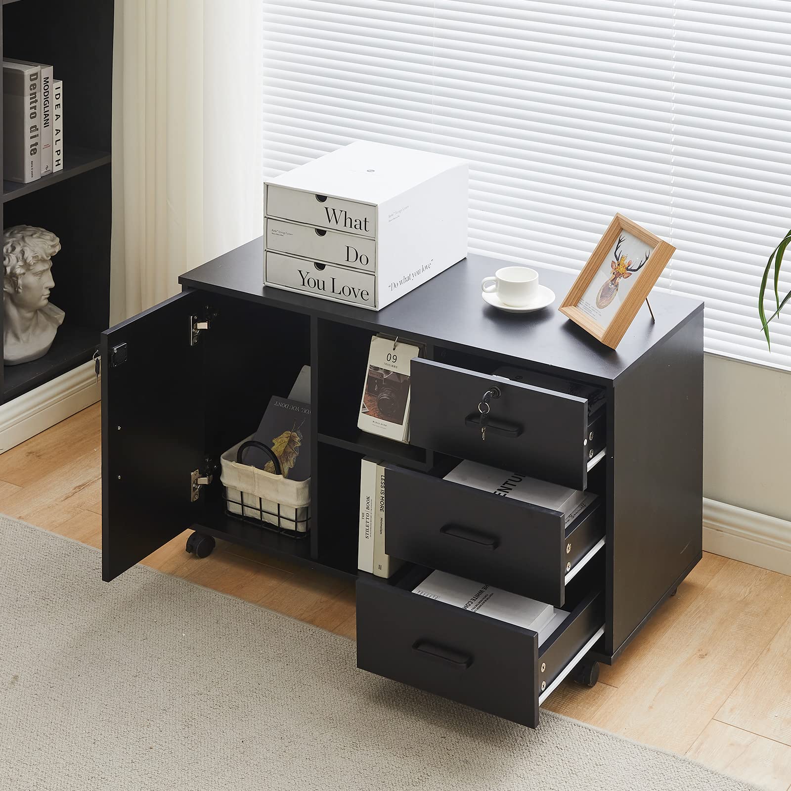 CLIPOP Mobile Office Cabinet with 3 Drawers (1 Lockable) - Under Desk Rolling File Storage Cabinet with Open Shelves & 5 Wheels - Printer Stand Organizer for Home Office (Black) - Perfect for Small Spaces, Document Storage & Workspace Organization