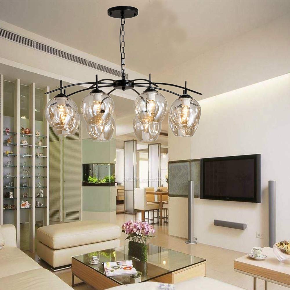 Modern Nordic Magic Bean Chandelier - 8-Light E26 Ceiling Pendant Light with Glass Shade for Living Room, Dining Room, Bedroom & Restaurant | Black Finish | Elegant Lighting for Home Decor & Commercial Spaces