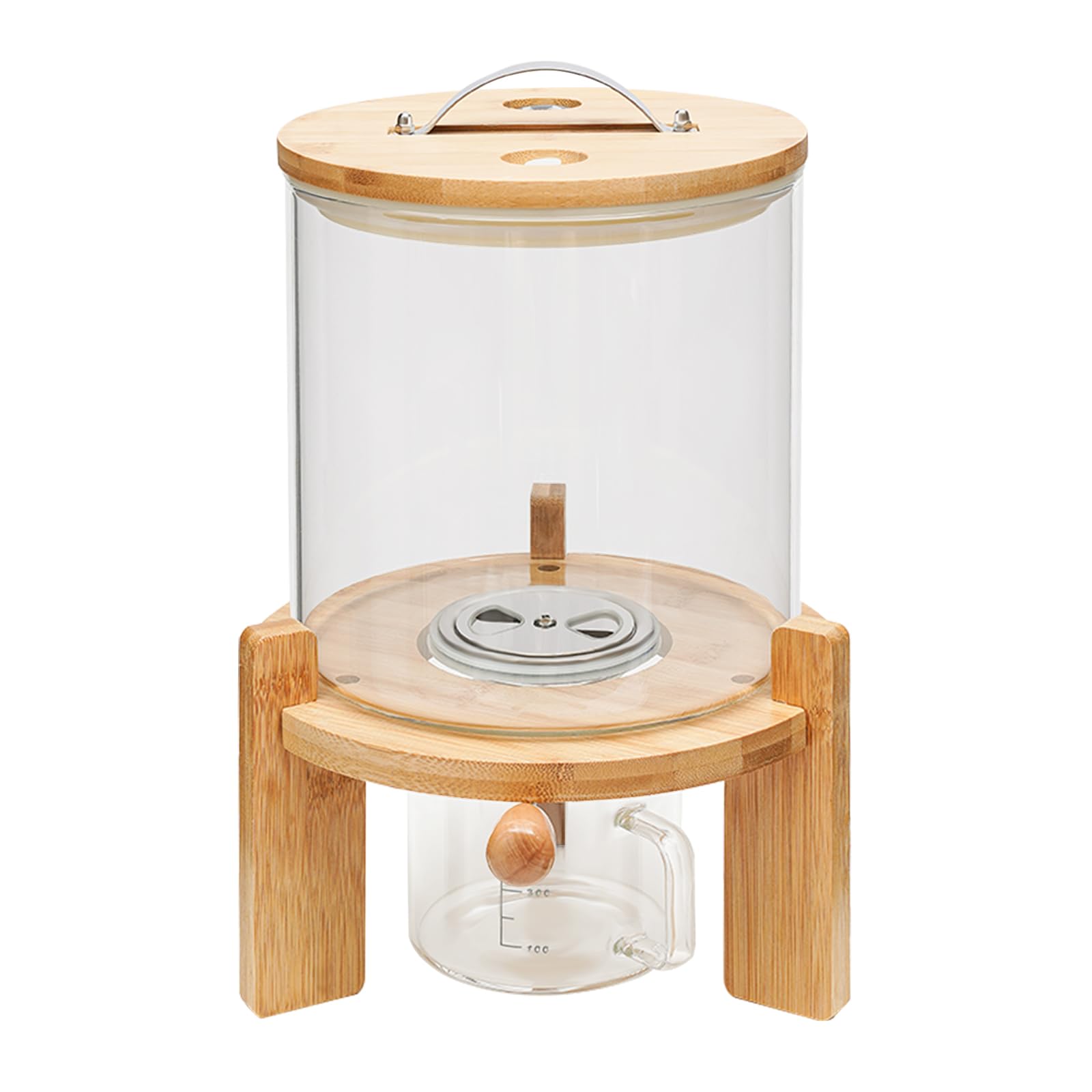 DYNAMI 5L Glass Rice Dispenser with Airtight Lid - Glass Cereal Storage Container with Bamboo Stand, Measuring Cup & Thermometer - Perfect for Kitchen Organization, Pantry Storage & Countertop Display