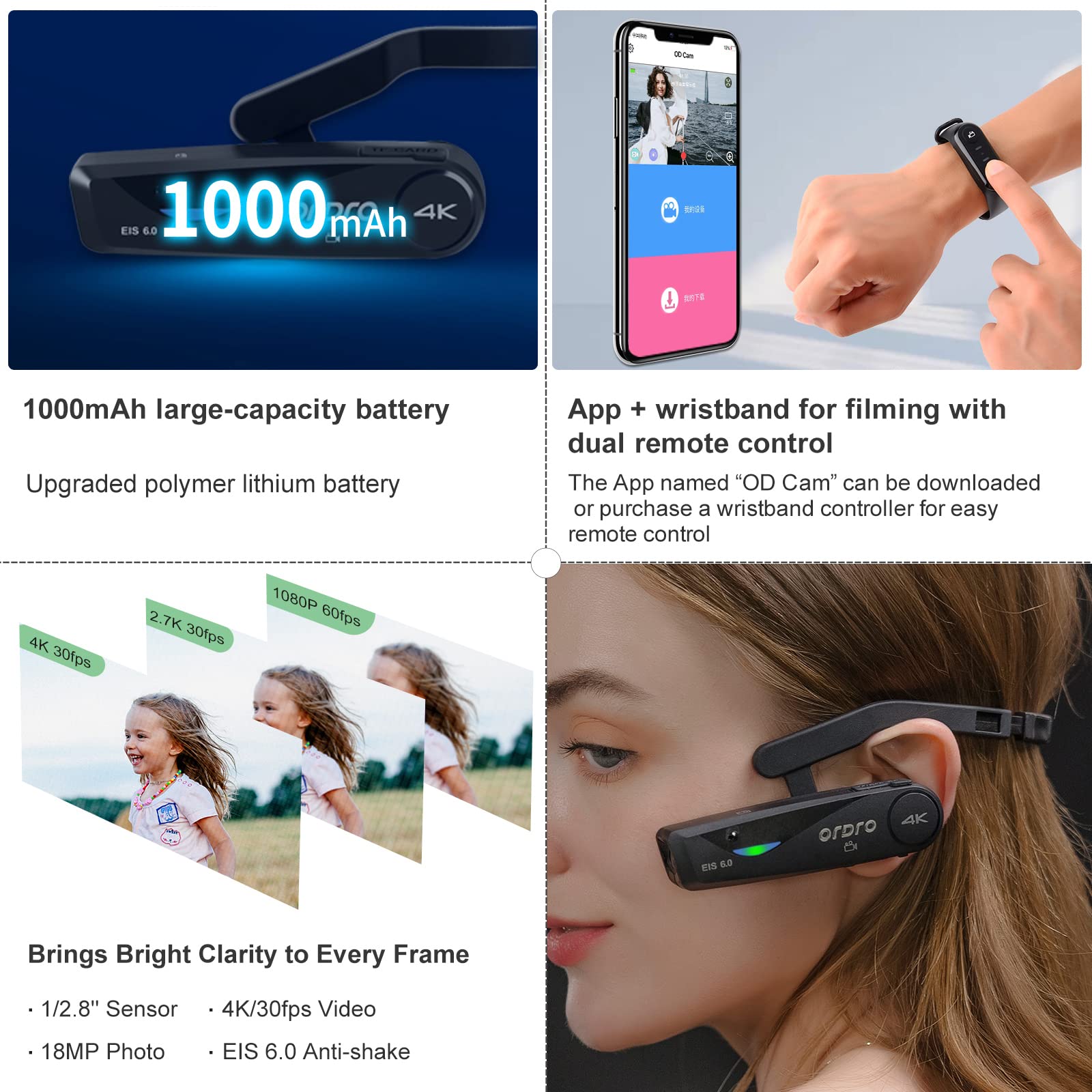 ORDRO EP6 Plus 4K Head Mounted Camera - Wearable Hands-Free Vlogging Camcorder with WiFi APP Control, UHD 1080P 60FPS, EIS 6.0 Anti-Shake & Smart Remote - Perfect for Action Sports, Travel Vlogging, and Outdoor Adventures