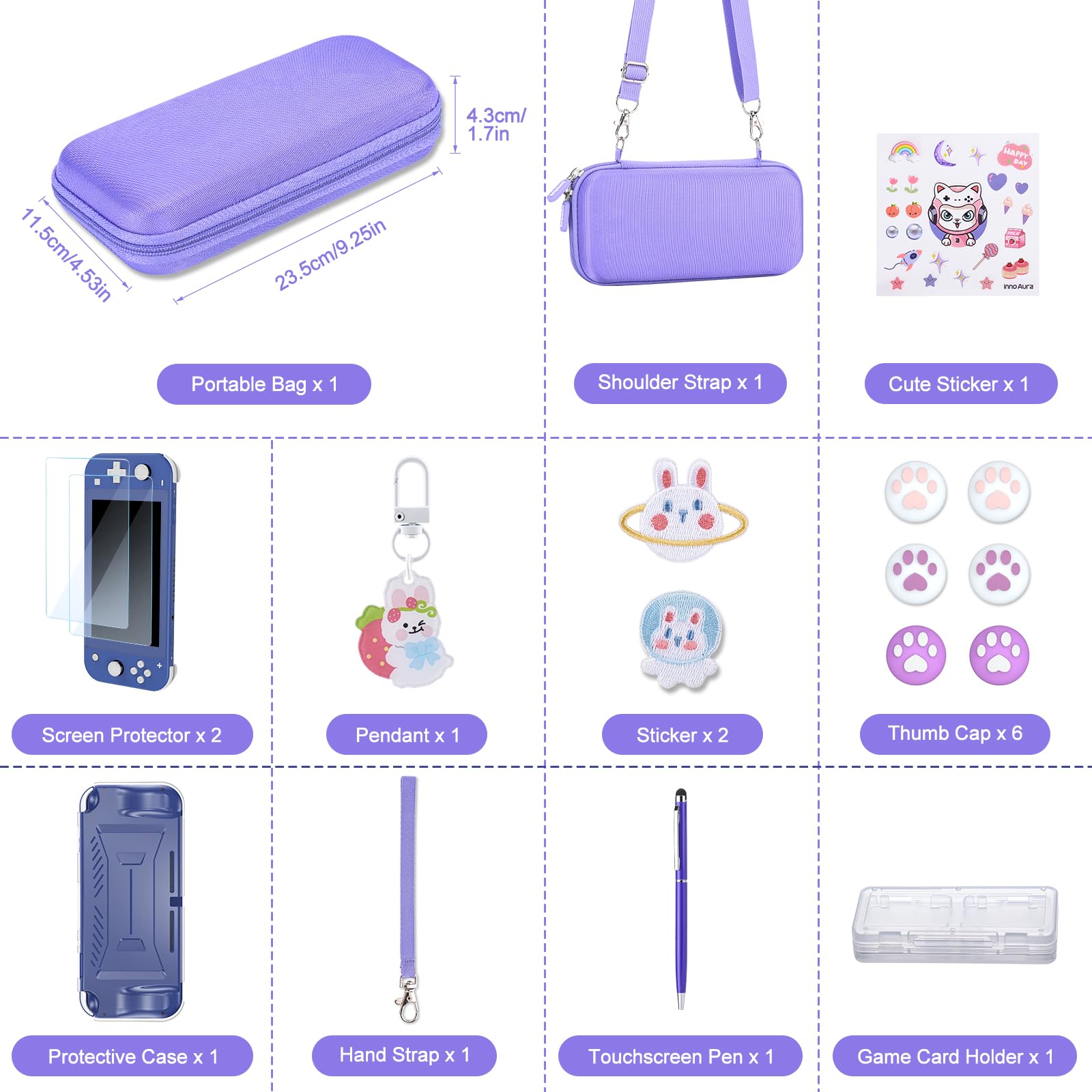 InnoAura 18-in-1 Nintendo Switch Lite Accessories Bundle - Protective Carrying Case, Game Case, Screen Protector, Thumb Grips (Purple) - Perfect for Travel, Gaming On-The-Go & Switch Lite Protection