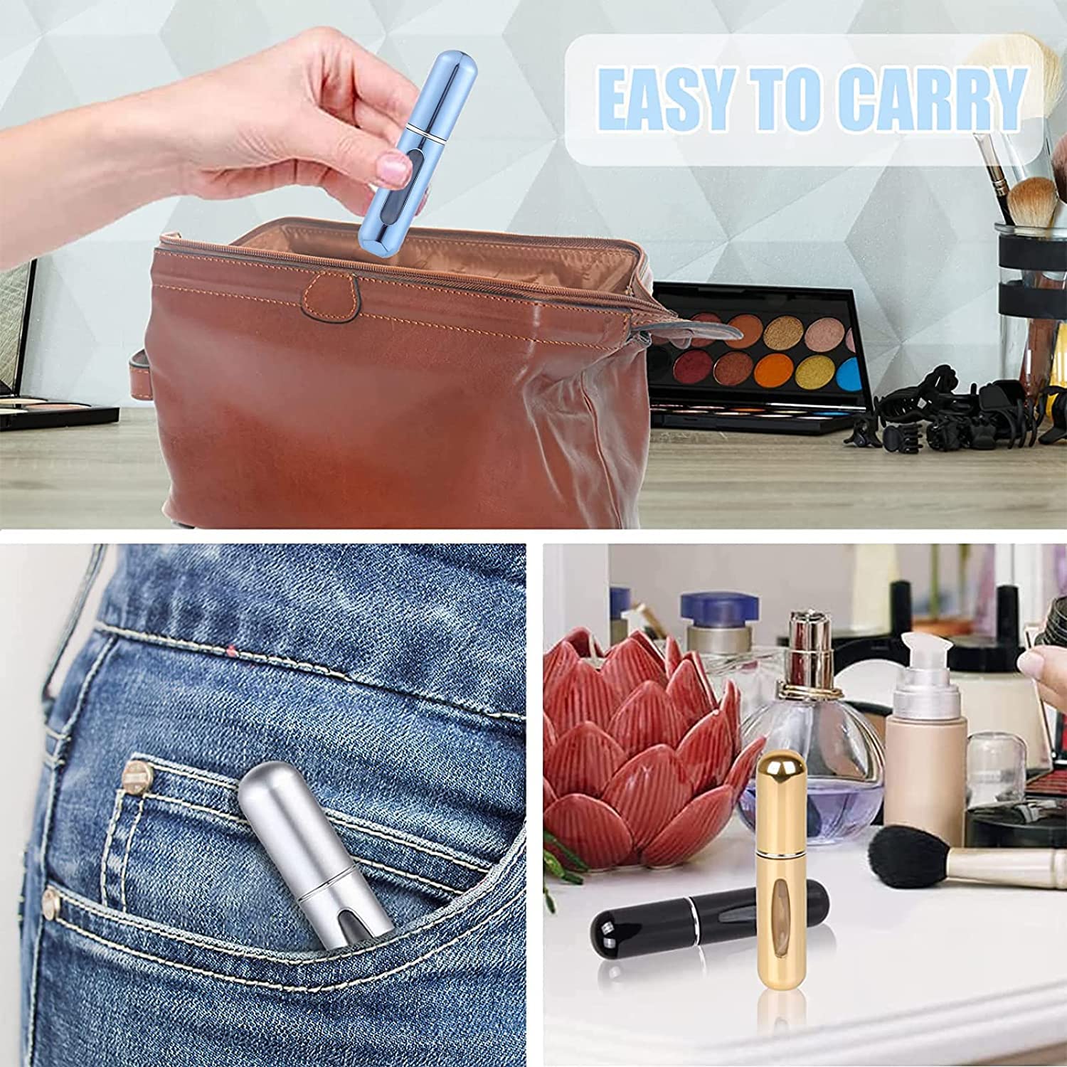 QNEEK 5ml Portable Mini Perfume Atomizer Refillable Spray Bottle - Travel Essential Scent Pump Case for Women & Men (2 Pack, Multi Color) - Perfect for Gym, Office, and Vacation Trips