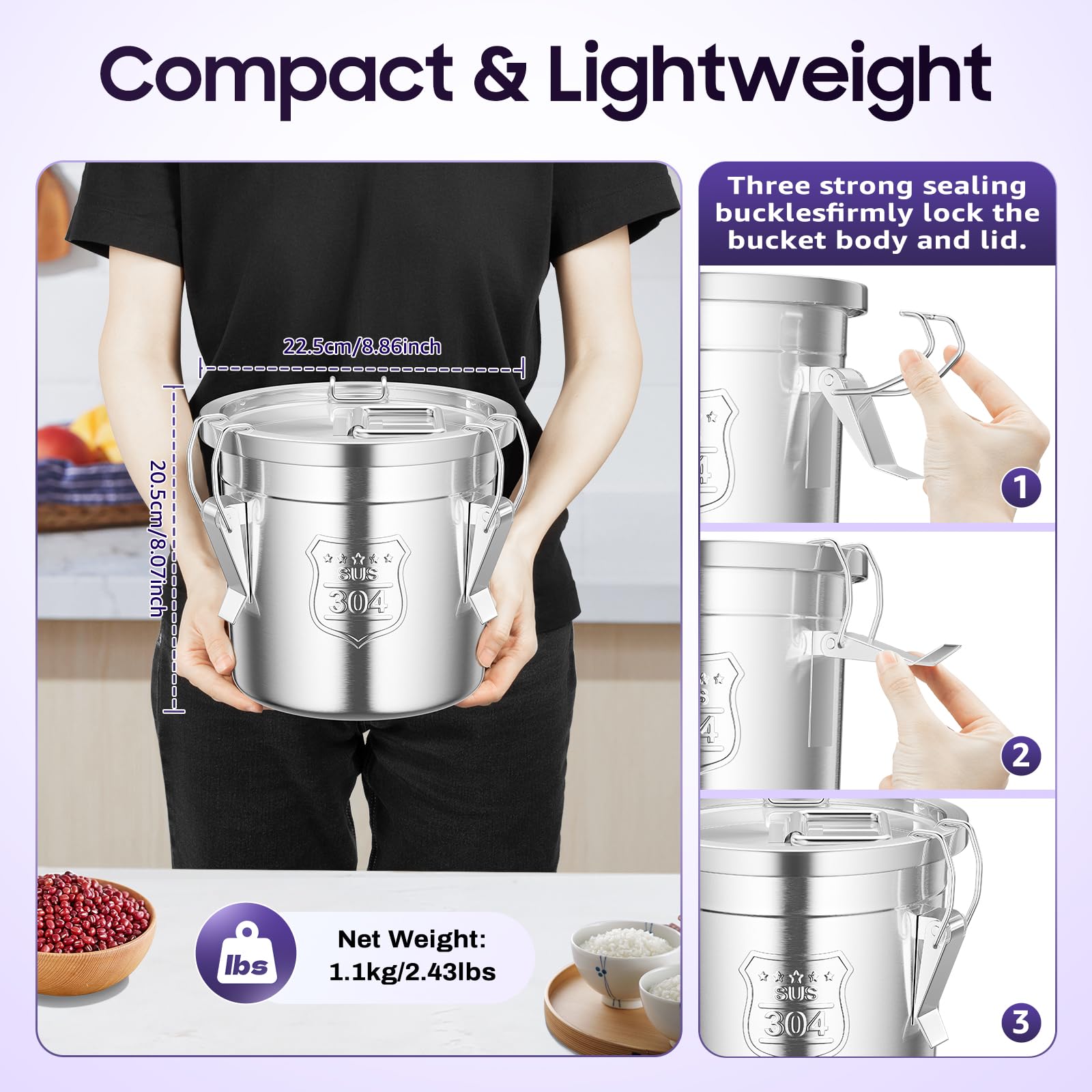 304 Stainless Steel Airtight Food Storage Container - 6L Kitchen Canister for Rice, Cereal, Grains, Flour & Oil - Durable Metal Household Food Bin with Secure Lid & Handles (Silver) - Perfect for Pantry Organization & Bulk Food Storage