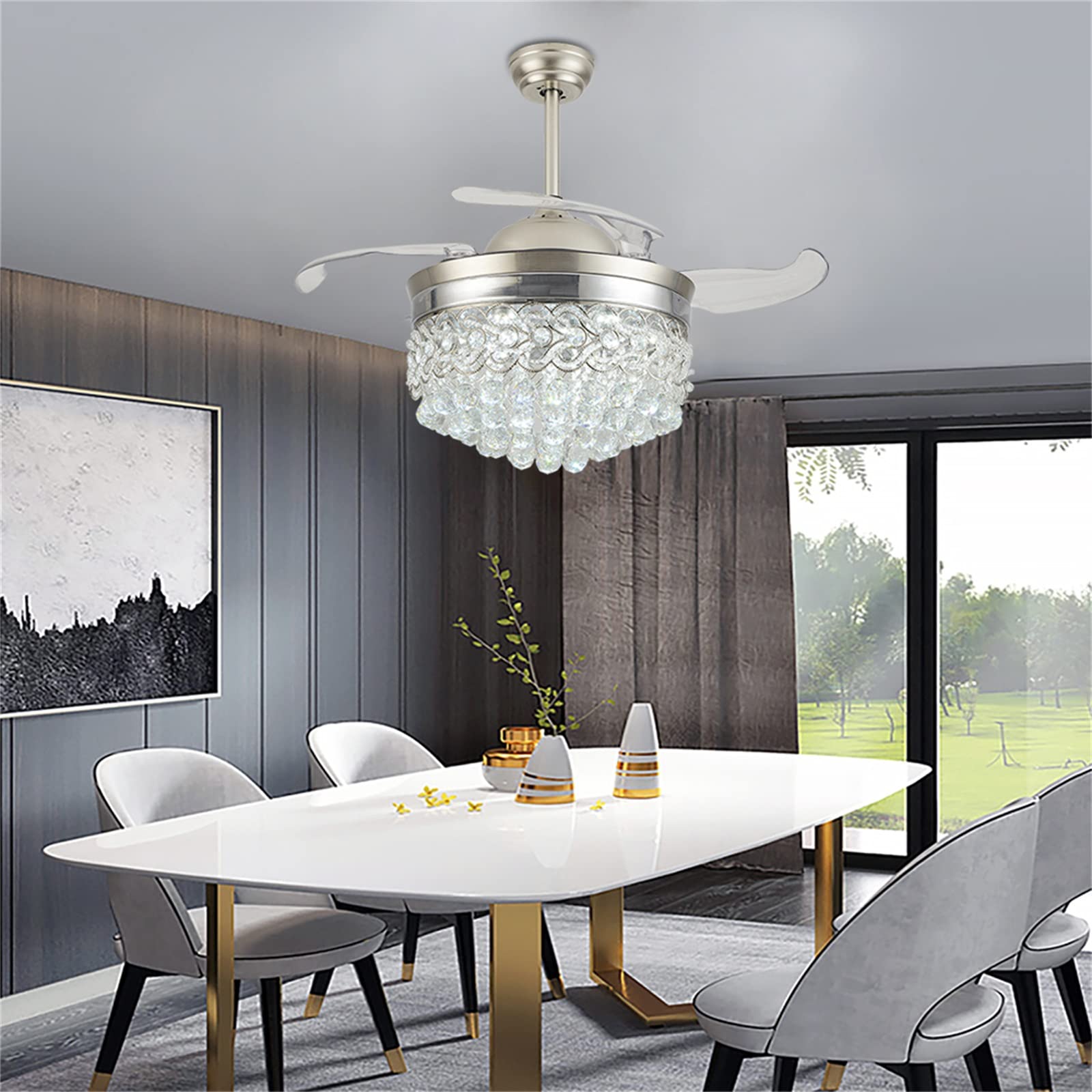 42 Inch Crystal Ceiling Fan with LED Lights and Remote Control - Modern Luxury Invisible Retractable Blade Chandelier - 3 Color Changing Smart Fan - Perfect for Living Room, Bedroom and Dining Room Decor