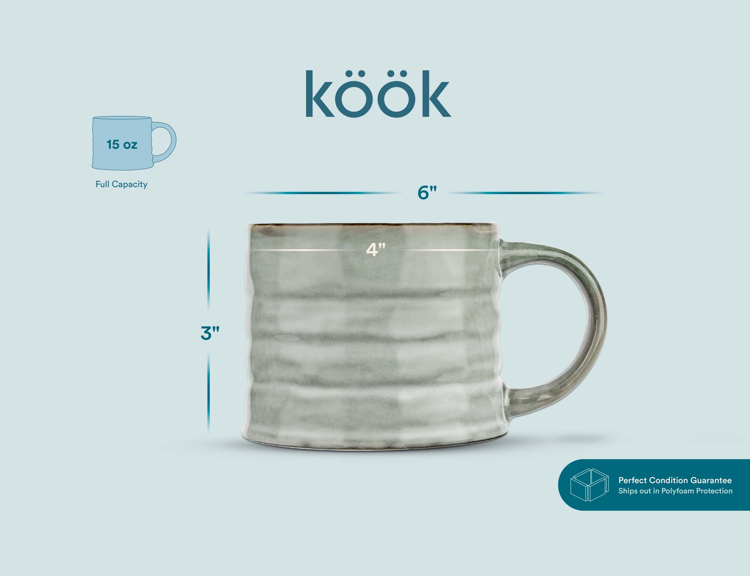 Premium KooK Glazed Ceramic Coffee Mugs - 13oz Set of 2, Microwave & Dishwasher Safe, Java/Slate Lined - Perfect for Home, Office & Gifts