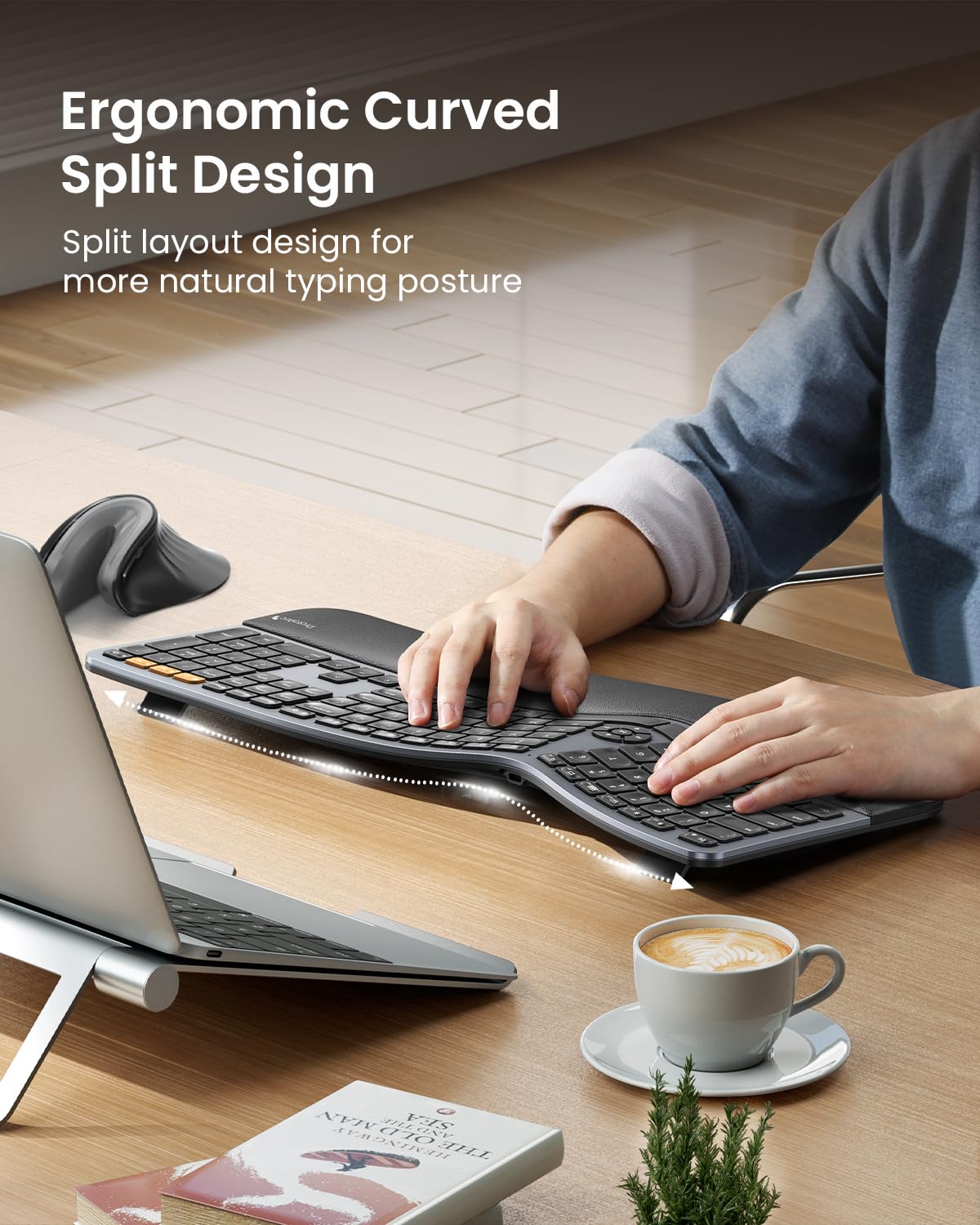 ProtoArc EK01 Plus Backlit Bluetooth Ergonomic Split Keyboard - Full Size Wireless Keyboard with Dual Bluetooth & USB, Cushioned Wrist Rest, Rechargeable Battery - Compatible with Windows, Mac, Android (Grey) - Perfect for Office Work, Gaming & Long Typing Sessions