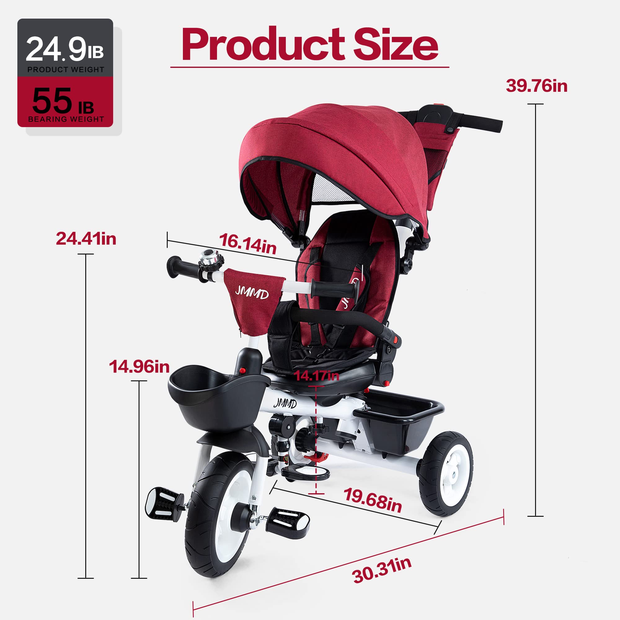 JMMD 6-in-1 Baby Tricycle Stroller with Adjustable Push Handle, Removable Canopy & Safety Harness - Convertible Toddler Trike for 6 Months to 5 Years Old (Red) | Perfect for Outdoor Walks, Park Rides & Learning to Pedal
