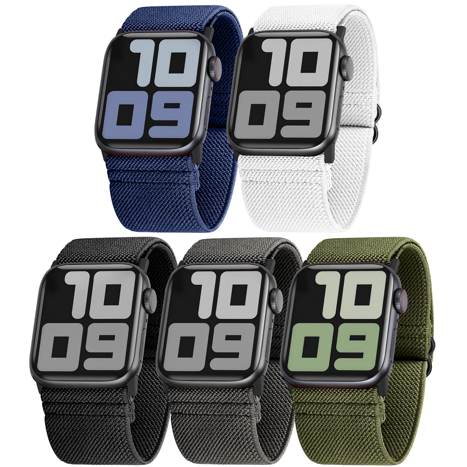 GrTrees 5 Pack Ultra Wide Stretchy Nylon Sport Watch Bands - Compatible with Apple Watch 45mm 44mm 42mm 41mm 40mm 38mm, iWatch Series 7/6/SE/5/4/3/2/1 - Adjustable Unisex Design for Men & Women - Perfect for Running, Gym Workouts & Daily Wear