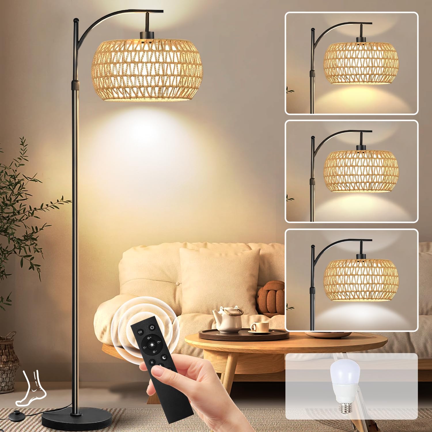 Boho Arc Floor Lamp with Linen & Rattan Shade - Remote Control, Stepless Dimmable, 3 Color Temperatures for Living Room, Bedroom & Office - Modern Home Decor Lighting for Cozy Ambiance & Reading Nook