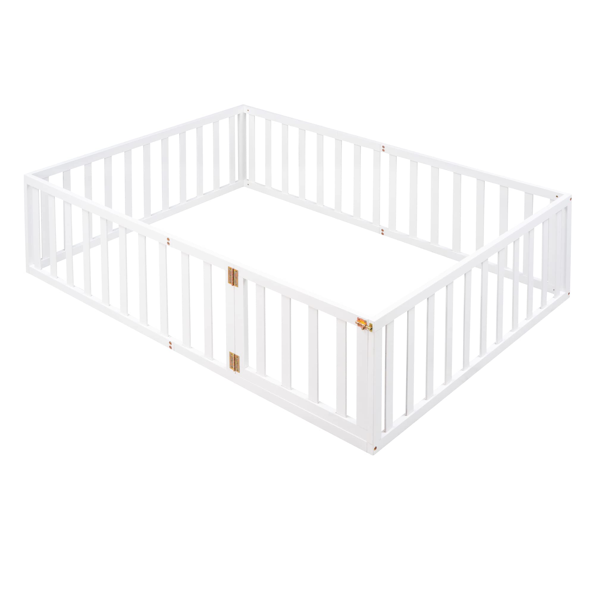 P PURLOVE Full Size Wood Floor Bed with Safety Fence & Closable Door - Easy Assembly Kids Bed Frame for Boys & Girls - Perfect for Montessori Bedrooms, Daycare Centers & Safe Toddler Sleeping Spaces