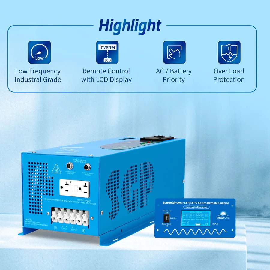 SunGoldPower 2000W 12V Pure Sine Wave Power Inverter with Built-in Charger - Perfect for RVs, Boats, Off-Grid Solar Systems & Emergency Power Backup