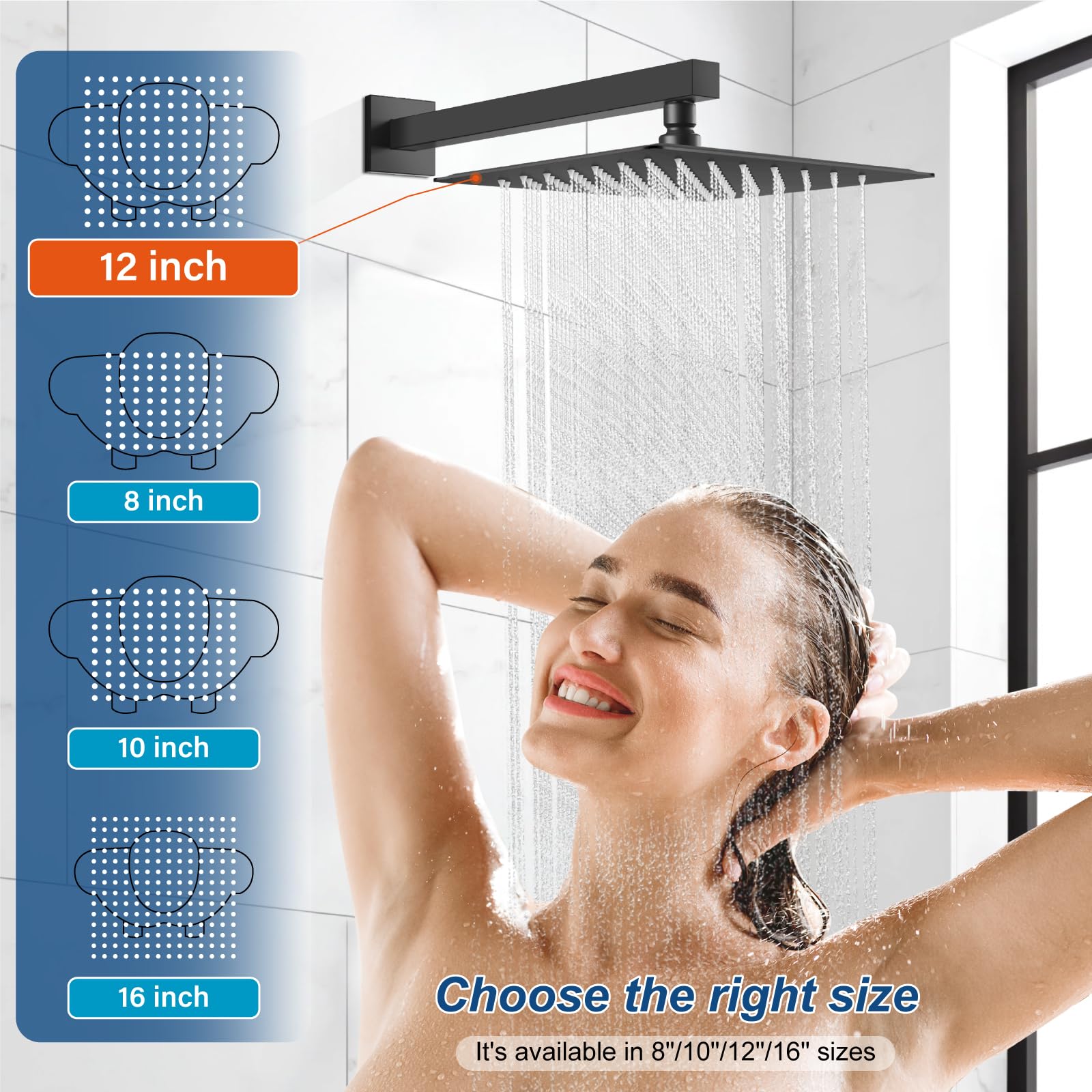 Midanya 12 Inch Matte Black Square Rainfall Shower System - Wall Mount Shower Head with Handheld Sprayer, Rough-in Valve & Mixer Trim Kit - Perfect for Modern Bathroom & Spa-Like Shower Experience