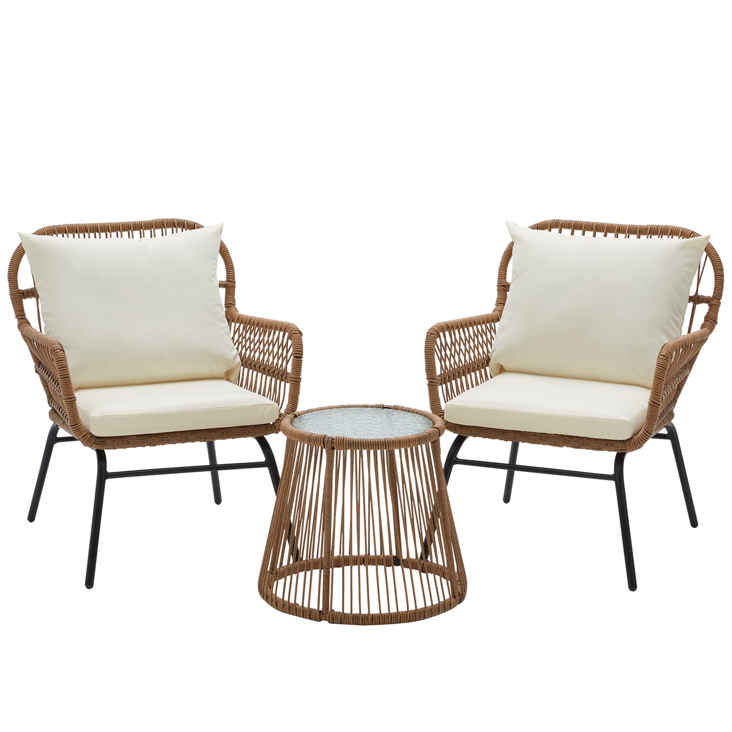 EROMMY 3-Piece Outdoor Patio Furniture Set - All-Weather Wicker Bistro Table with Tempered Glass Top & 2 Ergonomic Armchairs - White Balcony Conversation Set with Cushions for Porch, Backyard, Garden or Poolside Relaxation
