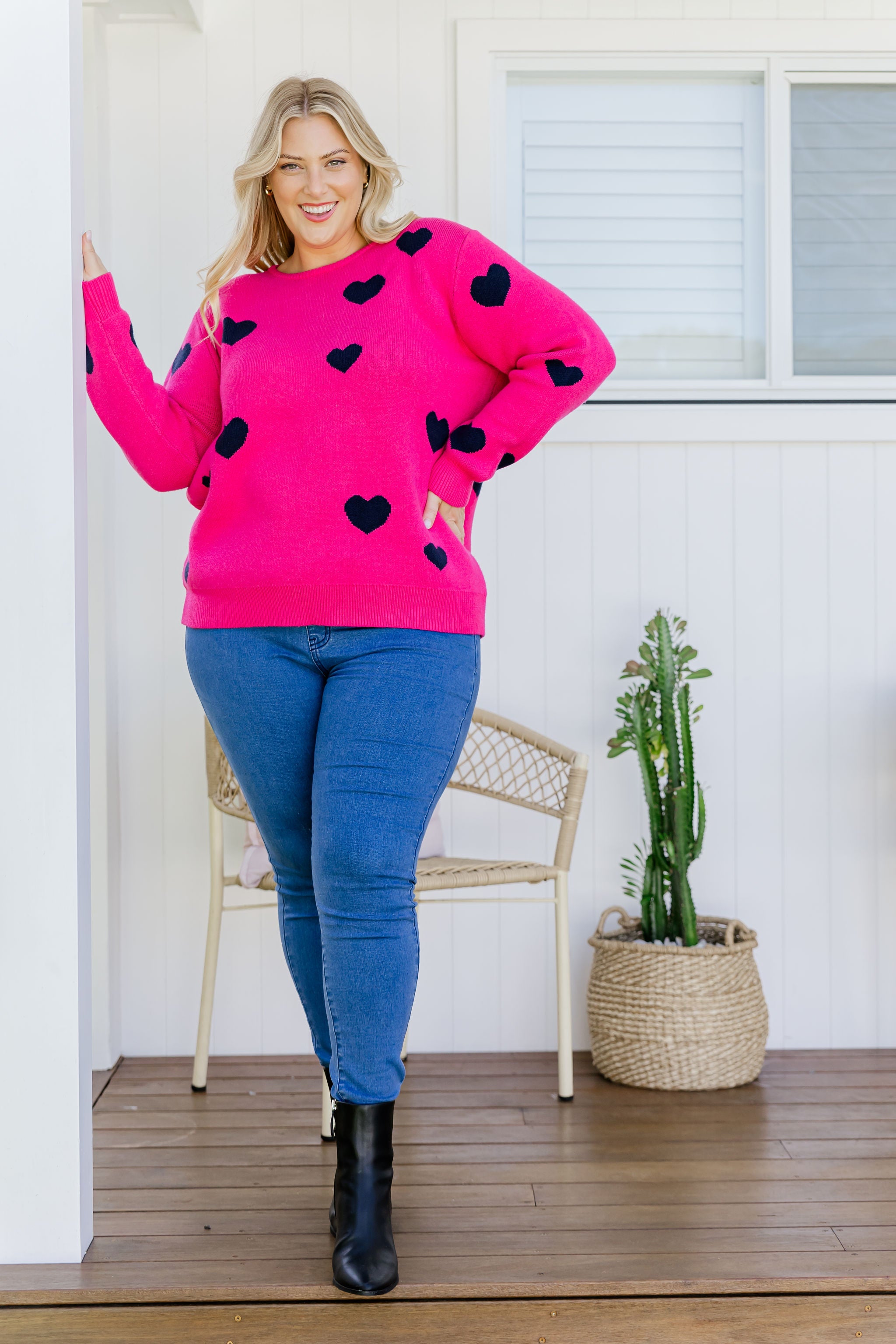 Amor Knit Jumper Women's Pink Sweater with Navy Hearts Design - Perfect for Casual Wear, Date Nights & Cozy Winter Outfits