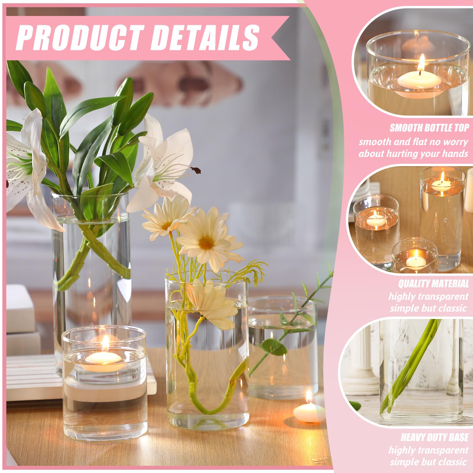 36 Pcs Clear Glass Cylinder Vase Set with Floating Candles - 4/6/8 Inch Tall Centerpiece Vases for Weddings, Parties & Home Decor - Perfect for Table Decorations, Floral Arrangements and Romantic Ambiance
