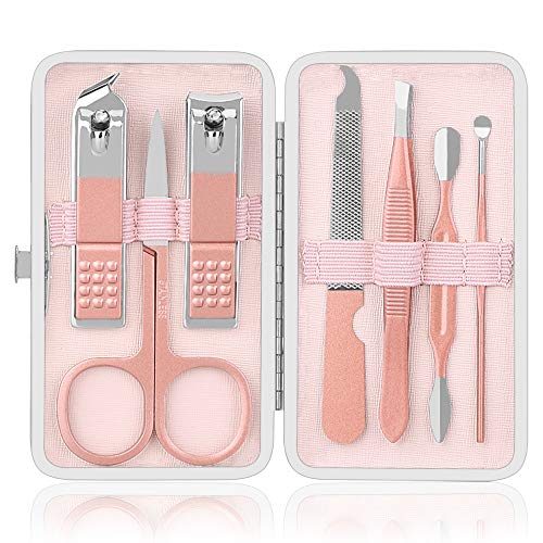 Premium iBazal 7-Piece Stainless Steel Nail Clipper Set - Sharp Nail Cutter, Manicure & Pedicure Kit with Nail File & Portable Case (Pink) - Perfect for Home, Travel & Salon Use