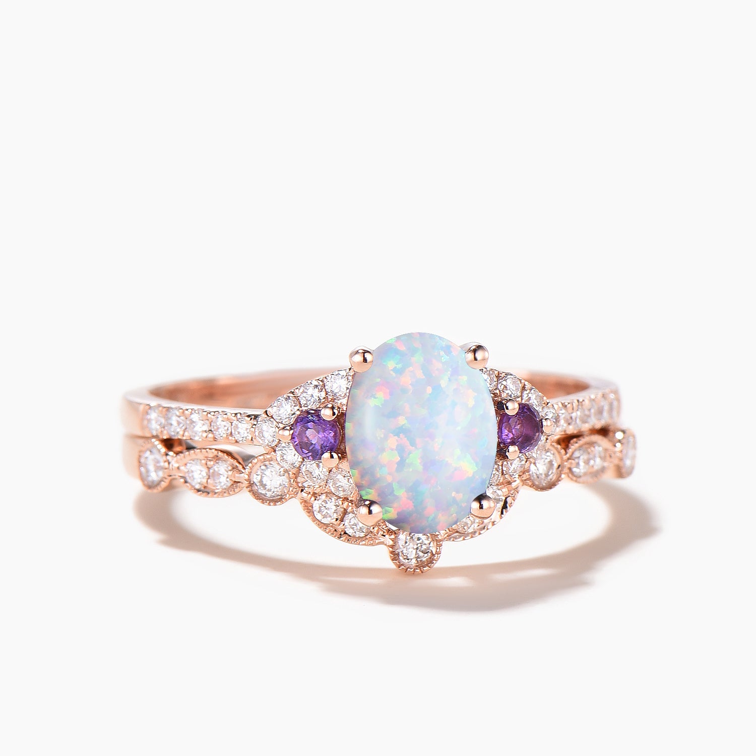 Oval Cut Opal & Amethyst Cluster Engagement Ring - Half Eternity Diamond Wedding Band Set for Brides | Perfect for Proposals, Anniversaries & Romantic Occasions