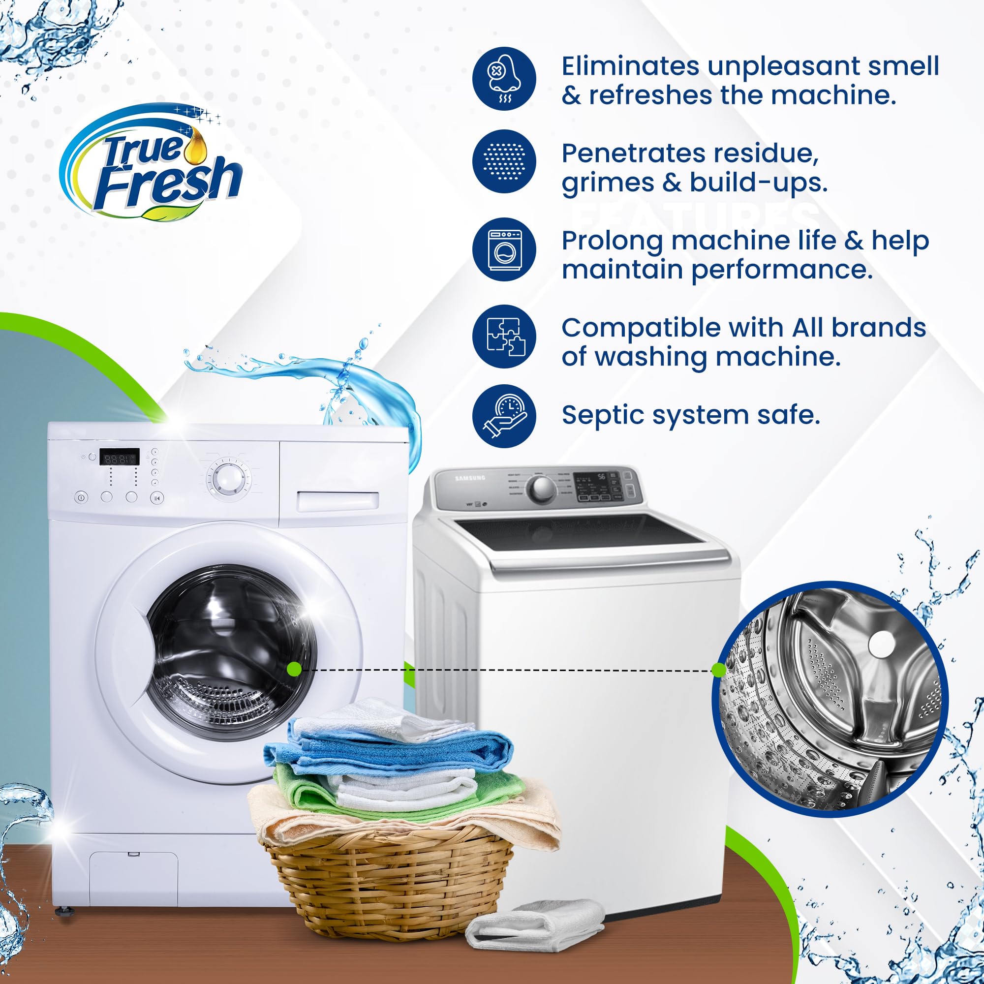 True Fresh Washing Machine Cleaner Tablets - 15 Pack Deep Cleaning Descaler for HE Front Load & Top Load Washers | Removes Mold, Odor & Residue | Safe for All Washing Machines | Perfect for Monthly Maintenance & Laundry Day Prep