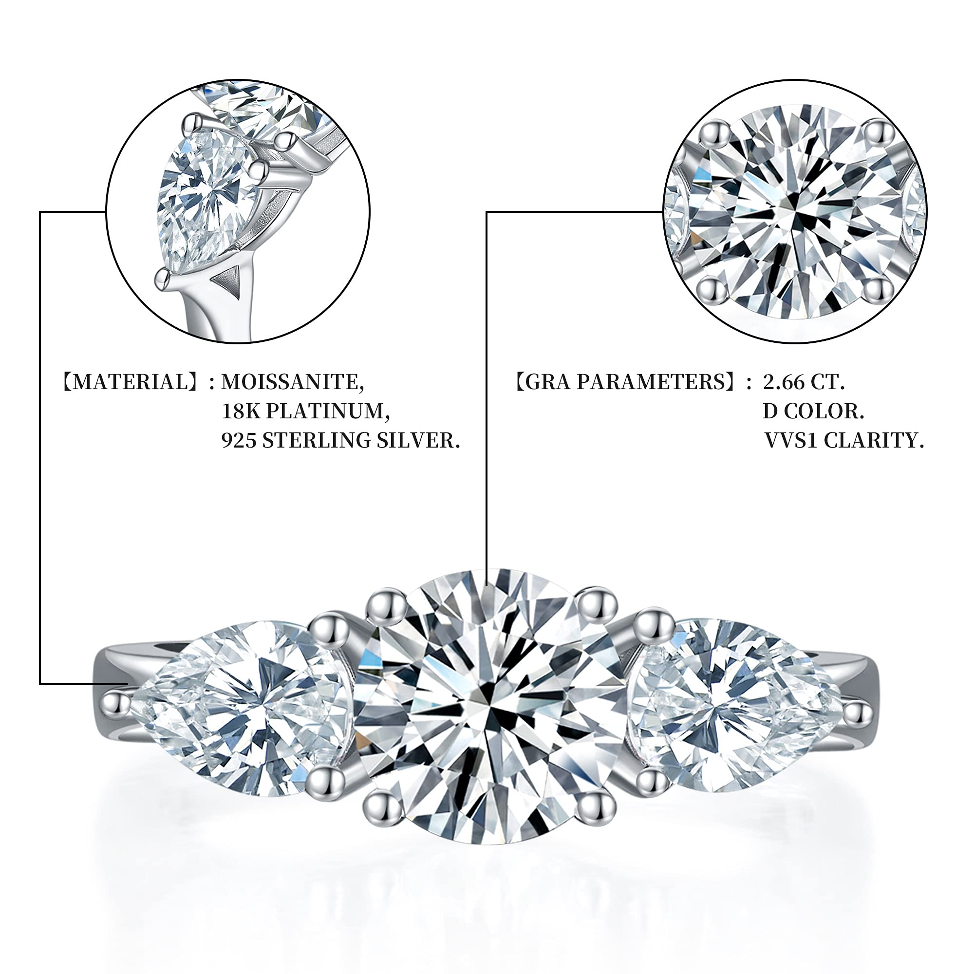 2.66-3ct Moissanite Engagement Rings for Women, 18K White Gold Plated Three Stone Ring, D Color VVS1 Clarity - Perfect for Wedding, Proposal & Anniversary Gifts