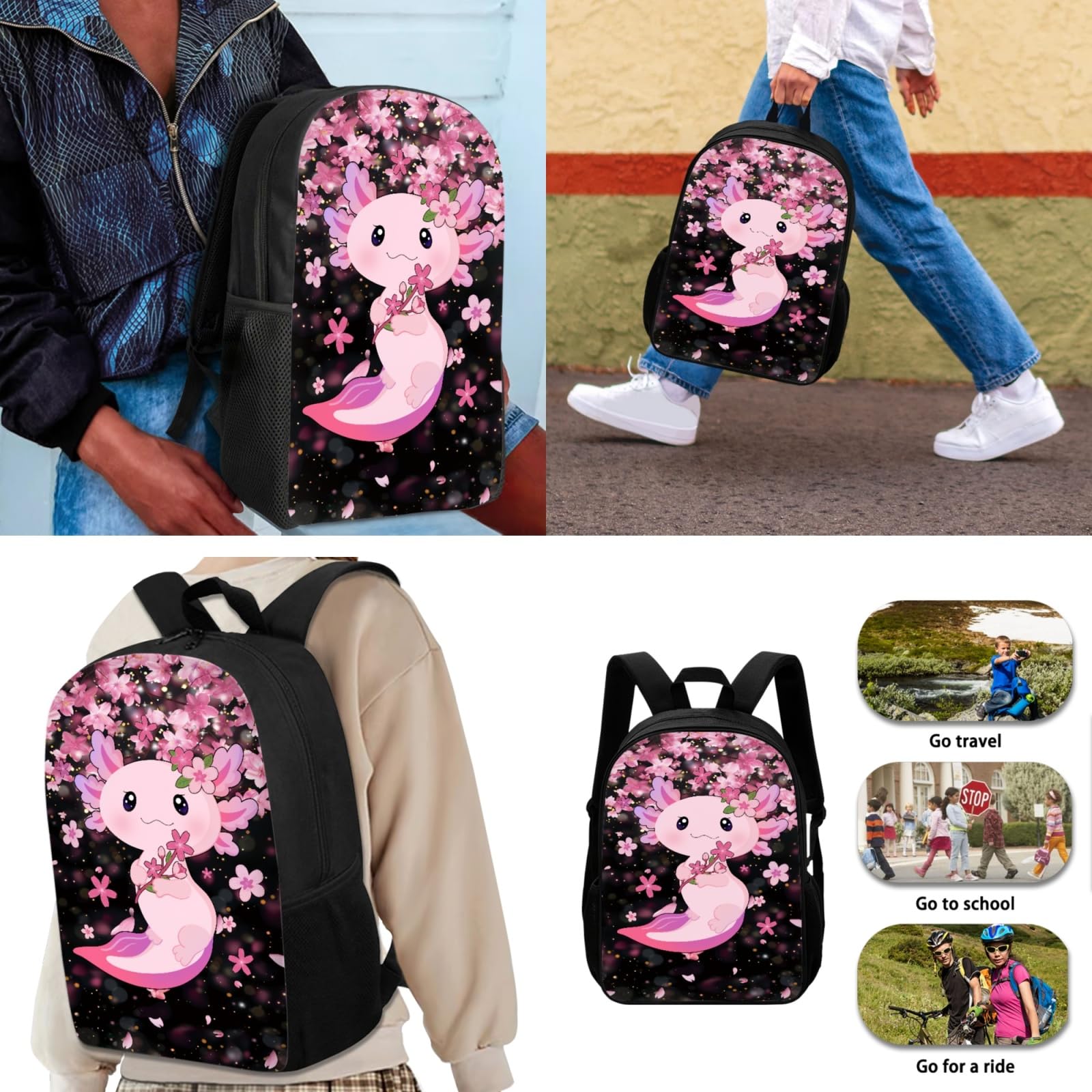 Cute Axolotl Kids Backpack Set with Lunch Box, Pencil Case & Bottle Holder - School Bookbag for Boys & Girls, Lightweight Daypack for Travel, Class, Camping & Outdoor Activities (4-Piece Set)