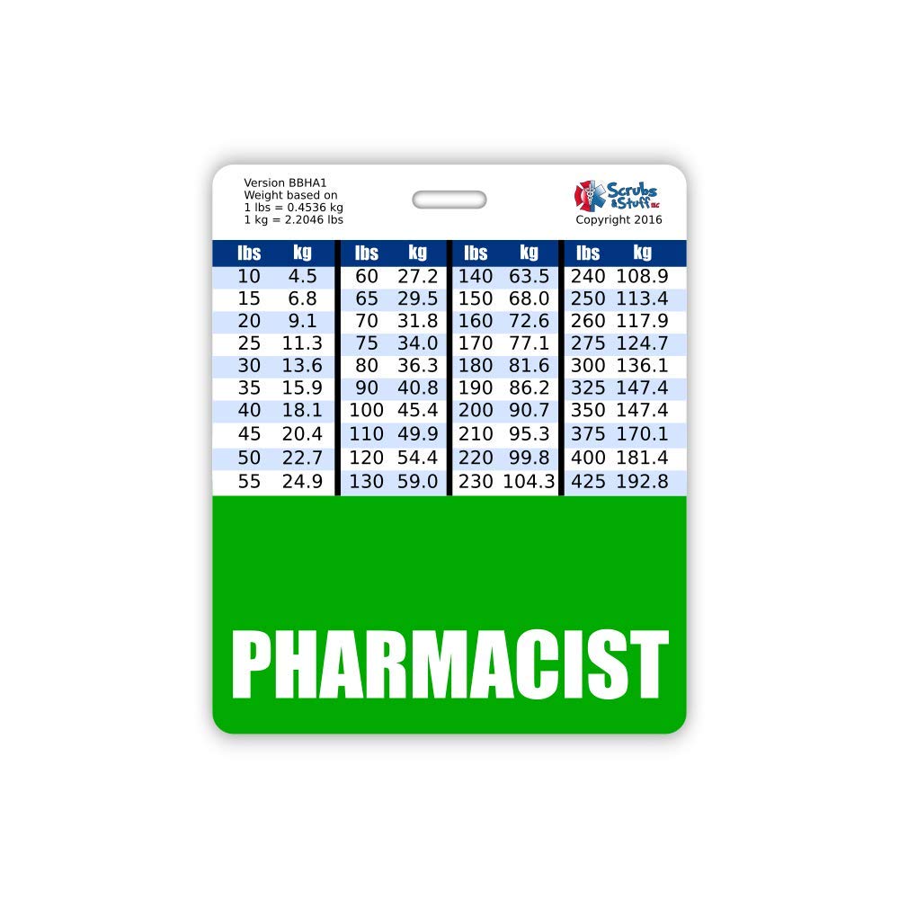 Oversized Green Pharmacist Badge Buddy with Height & Weight Conversion Charts - Essential Medical ID for Healthcare Professionals & Nurses