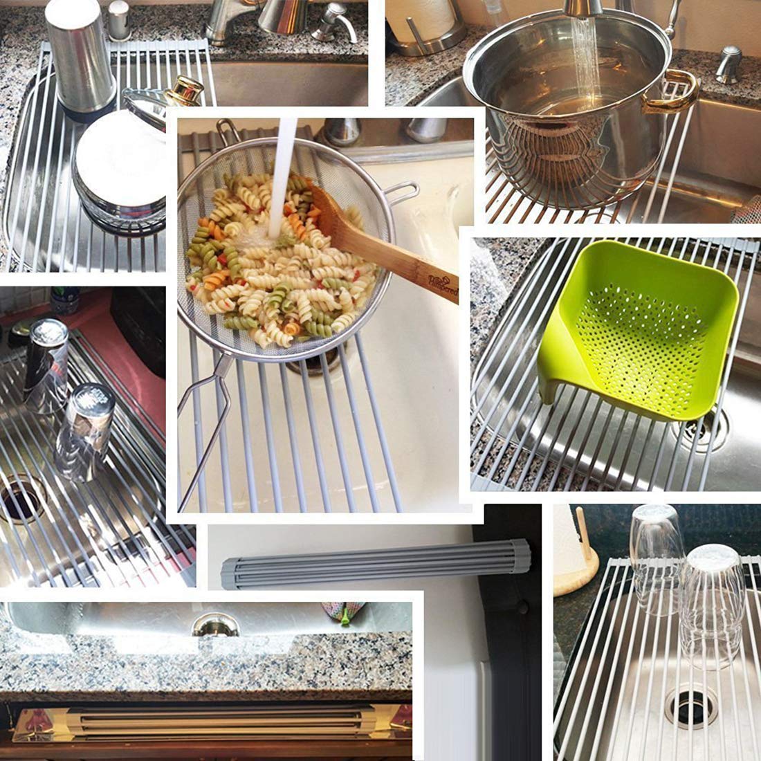Ahyuan Large Silicone Foldable Dish Drying Rack - Over Sink Dish Drainer with Stainless Steel Core - Space Saving Roll-Up Design (20.5