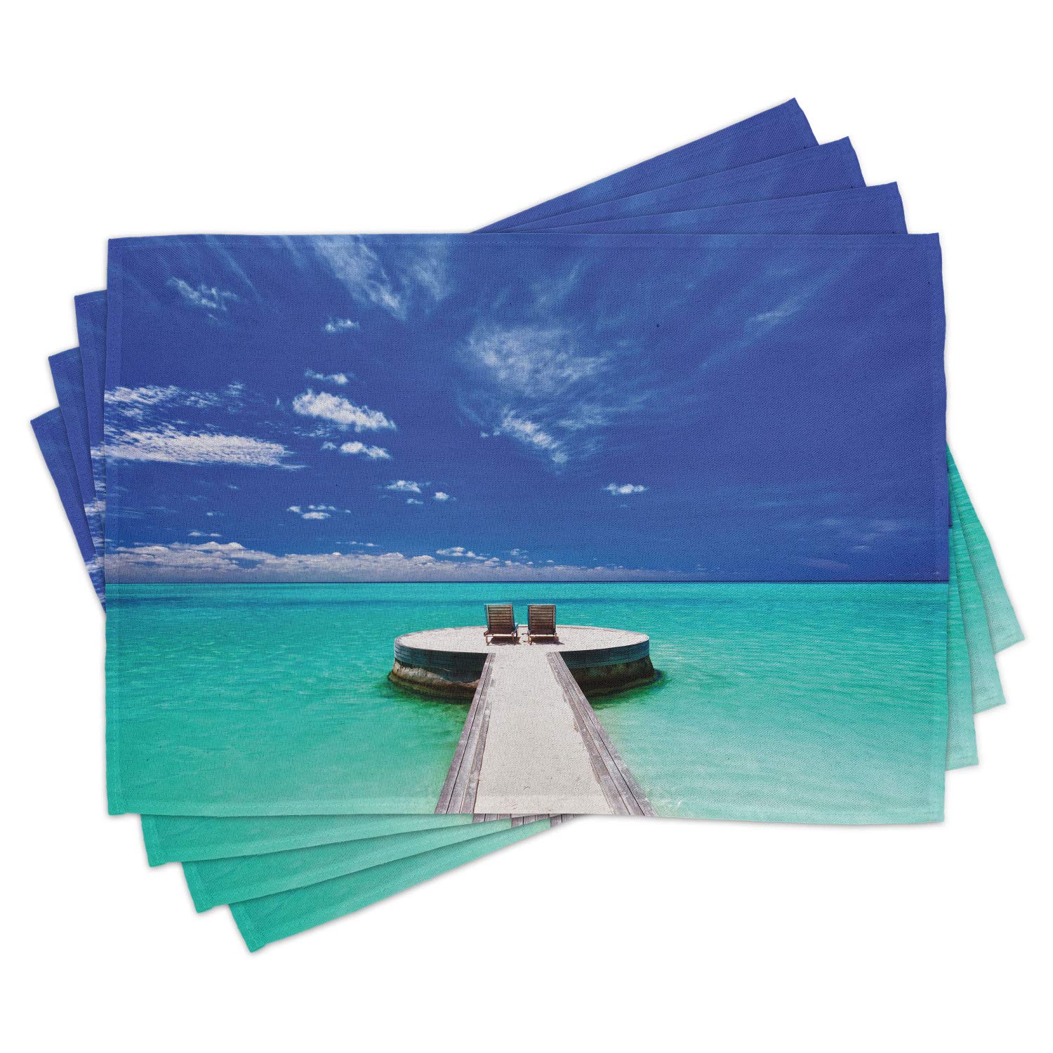Ambesonne Beach Placemats Set of 4 - Tropical Maldives Lagoon Design, Washable Fabric Table Mats for Dining Room & Kitchen Decor in Turquoise White Blue | Perfect for Honeymoon, Vacation & Coastal-Themed Dinner Parties