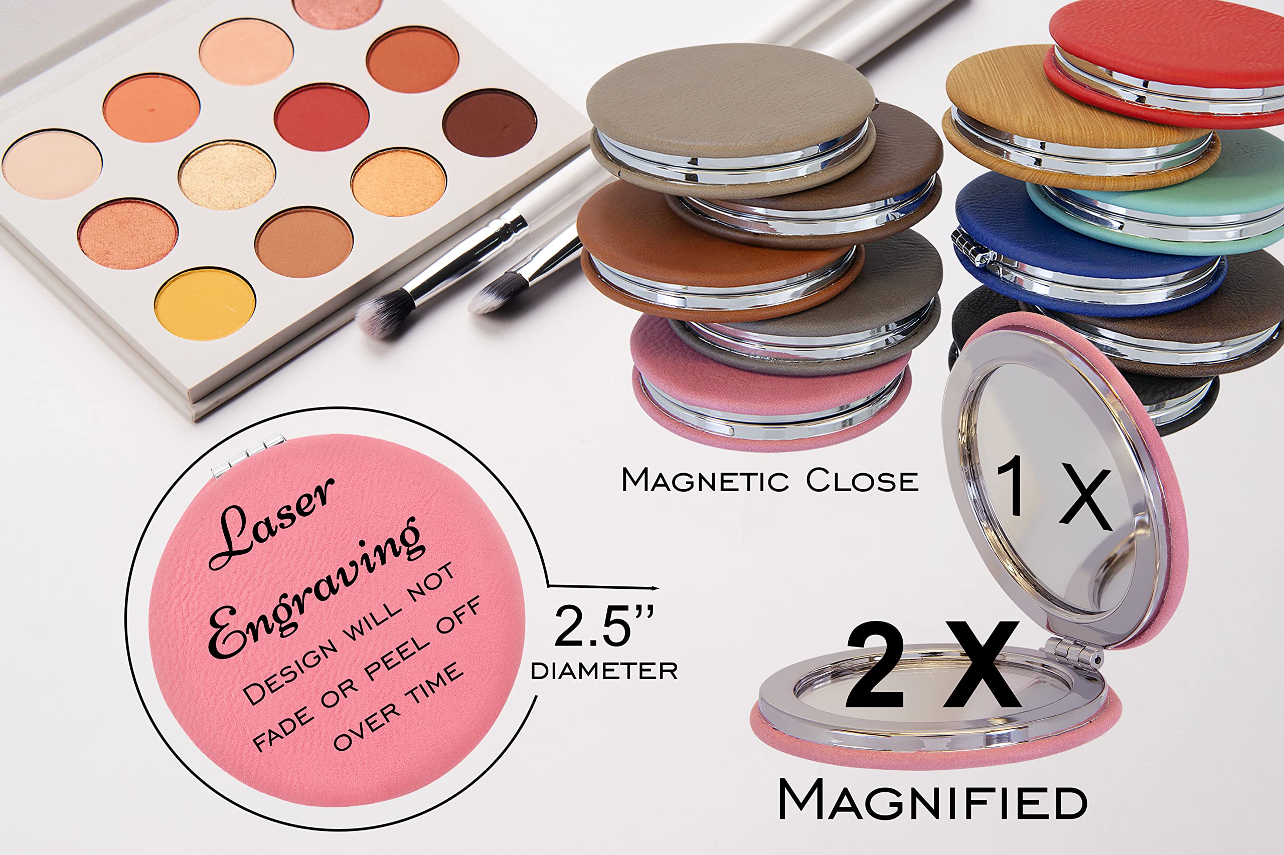 Custom Engraved Personalized Compact Mirror - Double Sided Magnification Travel Pocket Mirror for Women | Wedding, Birthday Gift Idea | Perfect for Purse, Makeup Bag & Travel Accessories (PU Leather)