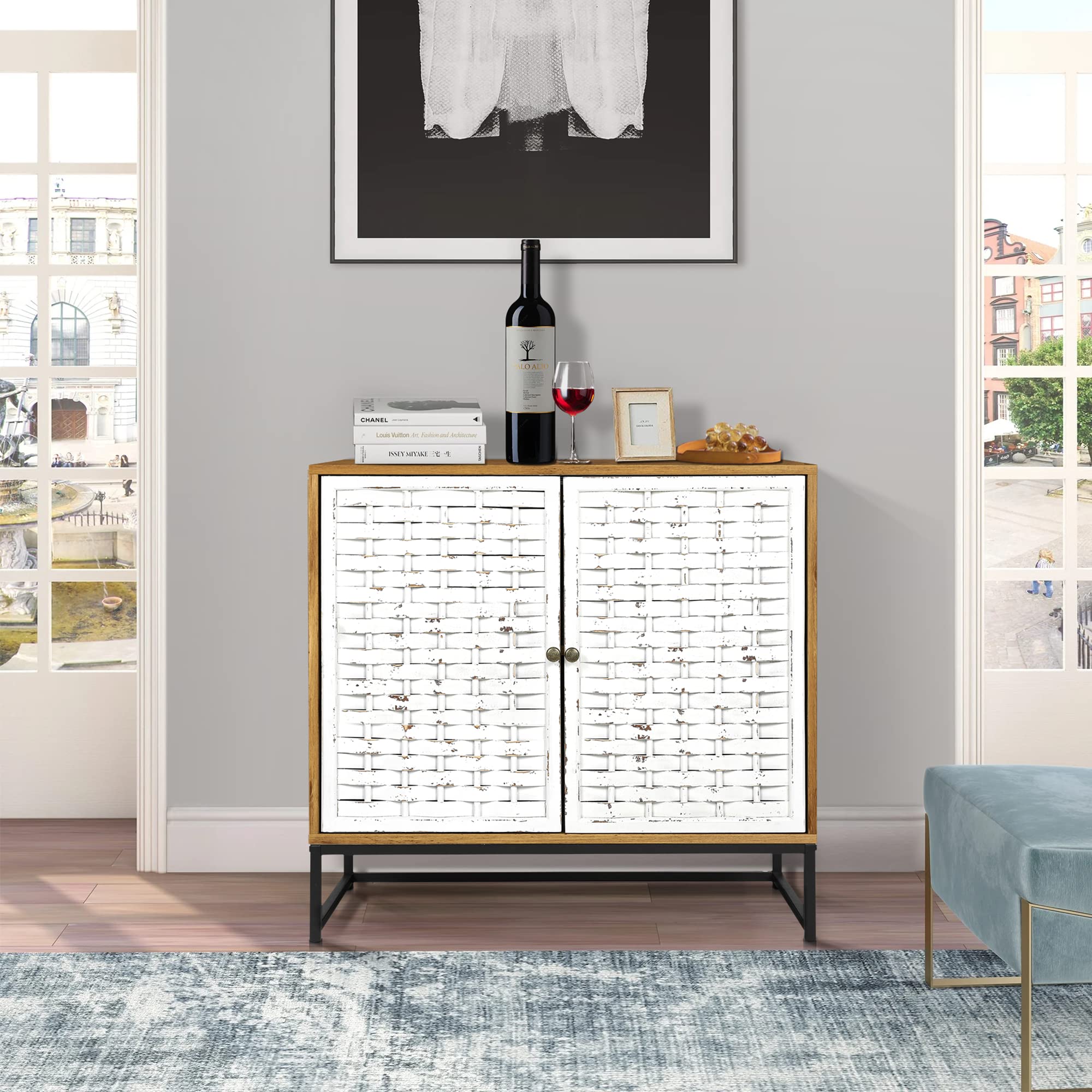 Vintage Farmhouse Storage Cabinet - Solid Wood Doors, Mid Century Modern Accent Cabinet with Metal Legs, Freestanding Sideboard Buffet for Kitchen, Hallway, Entryway & Living Room (White) | Perfect for Home Organization & Stylish Storage Solutions