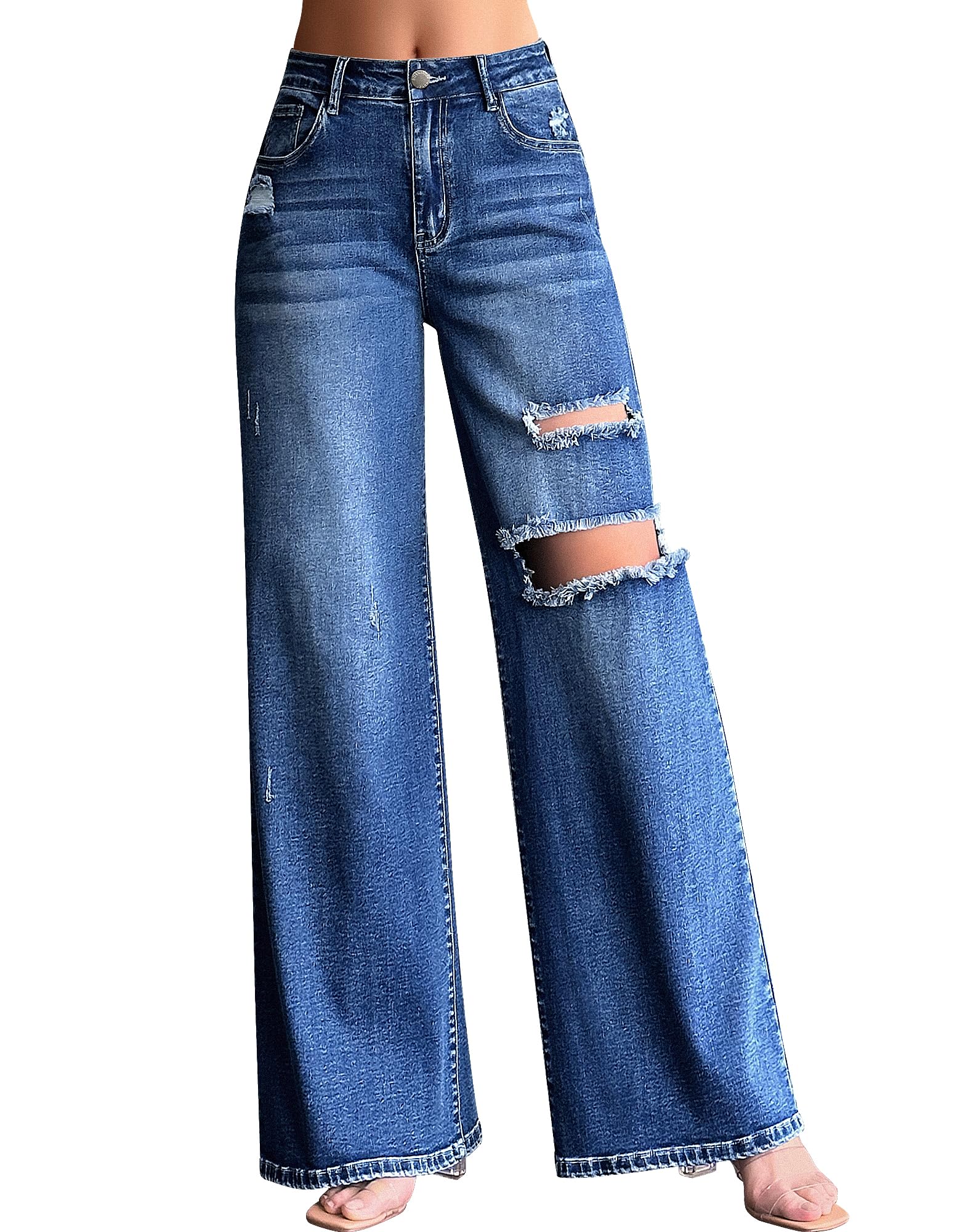 Roswear Women's Baggy Wide Leg Boyfriend Jeans - High Waisted Stretchy Ripped Denim Pants for Casual Outfits & Streetwear Fashion