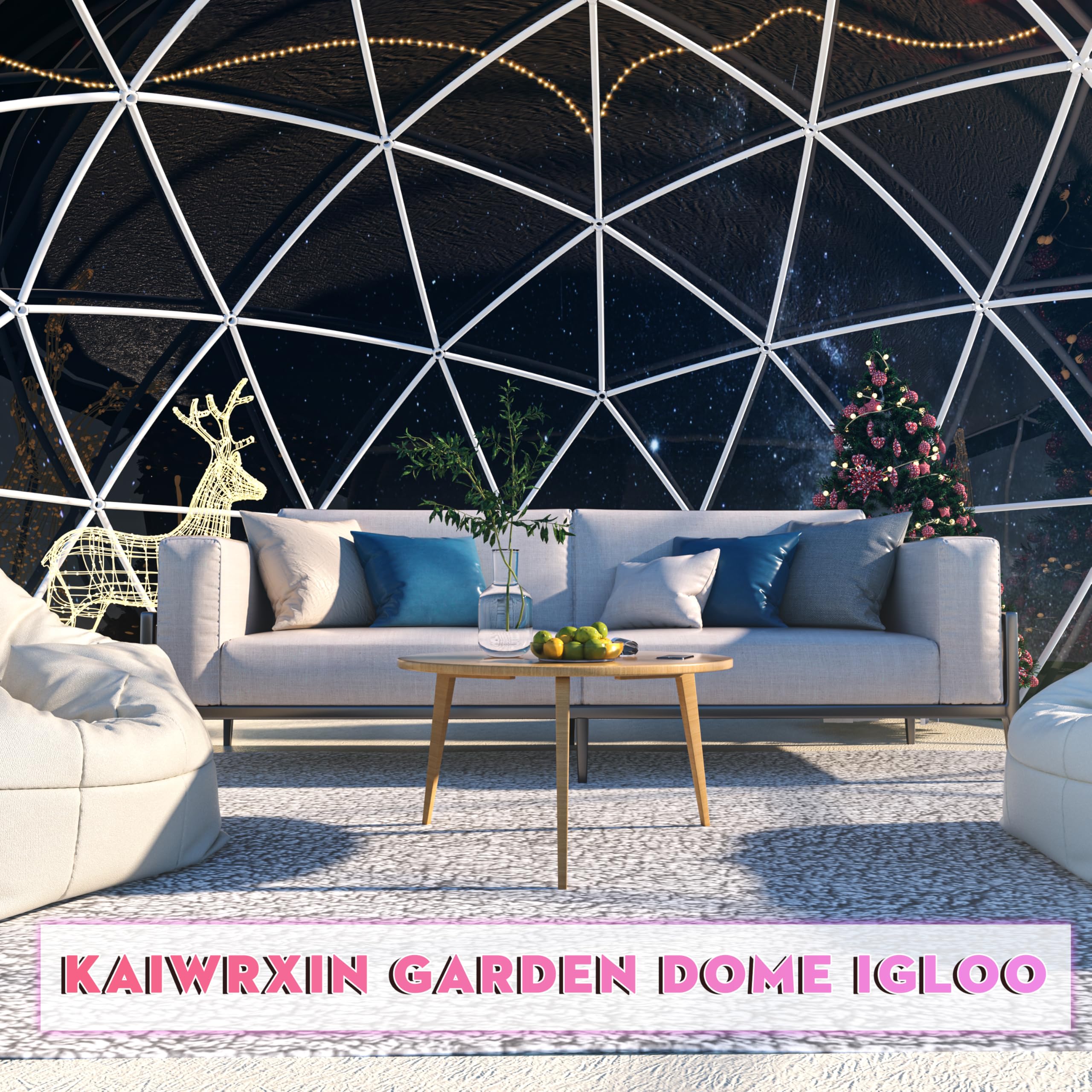 12FT Geodesic Dome Greenhouse Kit - Weatherproof Outdoor Garden Igloo with Clear PVC Cover & 2x10M LED String Lights - Perfect for Backyard Parties, Patio Gatherings & Year-Round Plant Growing (Green)