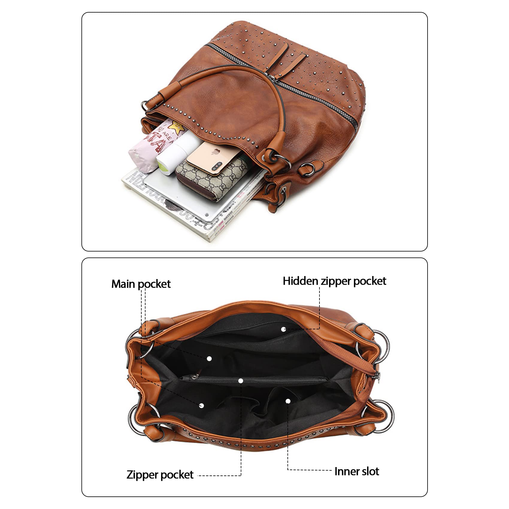 NOTAG Women's Fashion Handbags - PU Leather Crossbody & Shoulder Bags with Rivet Details | Perfect for Work, Travel & Everyday Use
