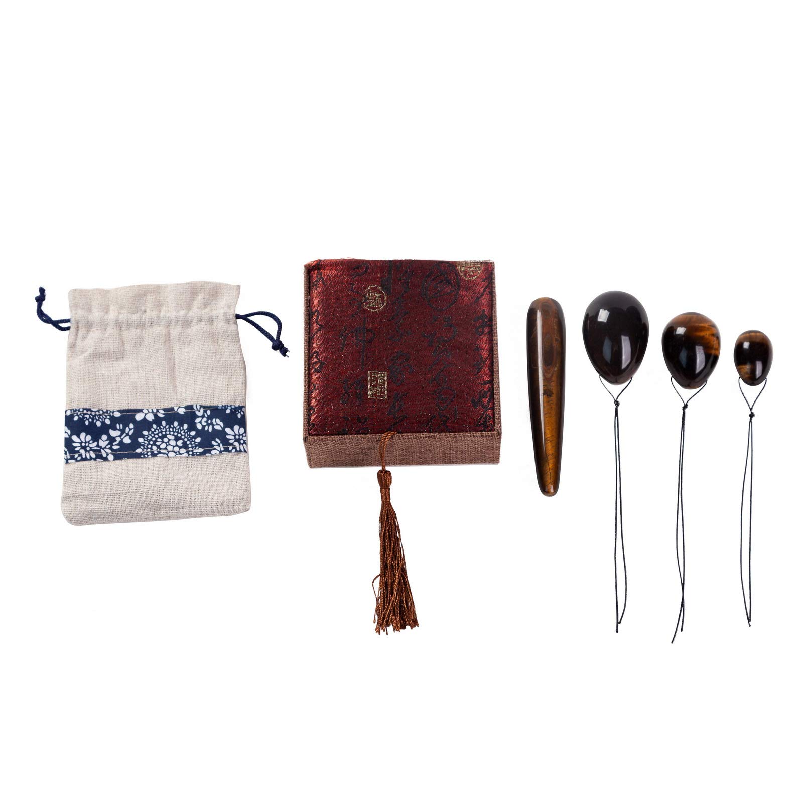 TJ Global Set of 3 Drilled Yoni Eggs & 1 Tiger Eye Massage Stick for Kegel Exercises, Pelvic Floor Strengthening, Vaginal Health | Women's Wellness Gift in Elegant Brocade Box & Pouch | Perfect for Yoga, Meditation & Intimate Self-Care Routines