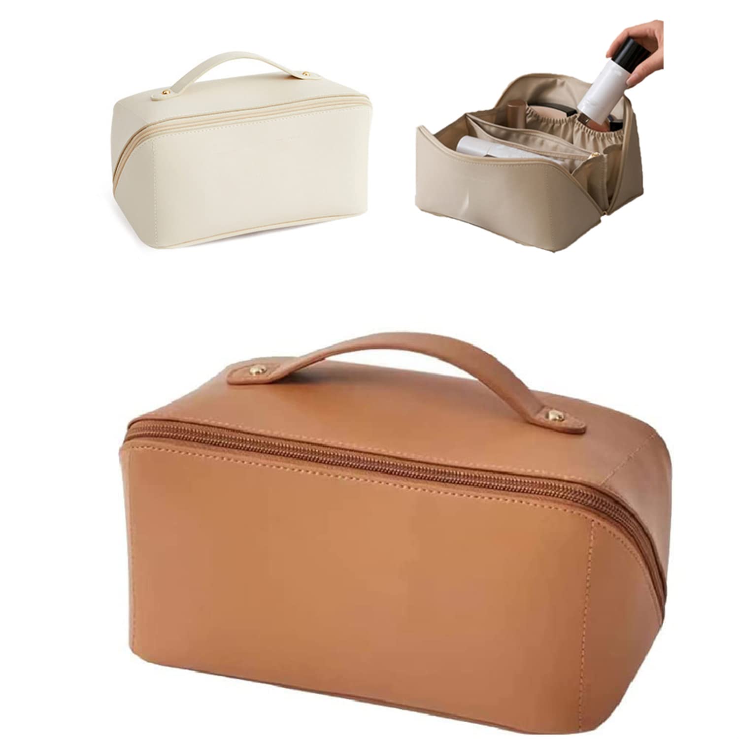 Large Capacity Travel Cosmetic Bag for Women - Waterproof Makeup Organizer & Toiletry Pouch (Brown) - Perfect for Vacation, Gym, Business Trips & Daily Essentials Storage